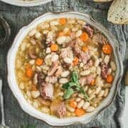Ham and white bean soup in a bowl.