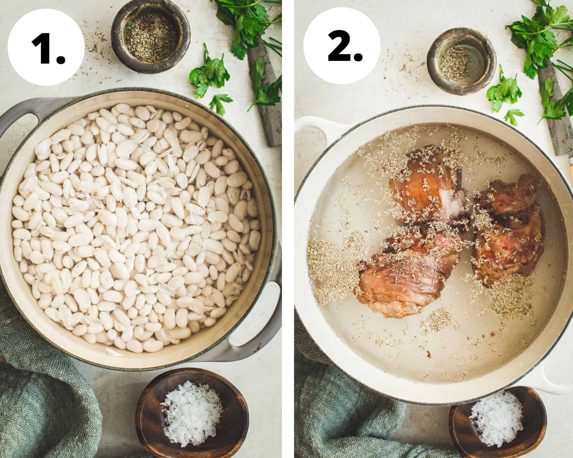 Ham and white bean soup process steps 1 and 2.