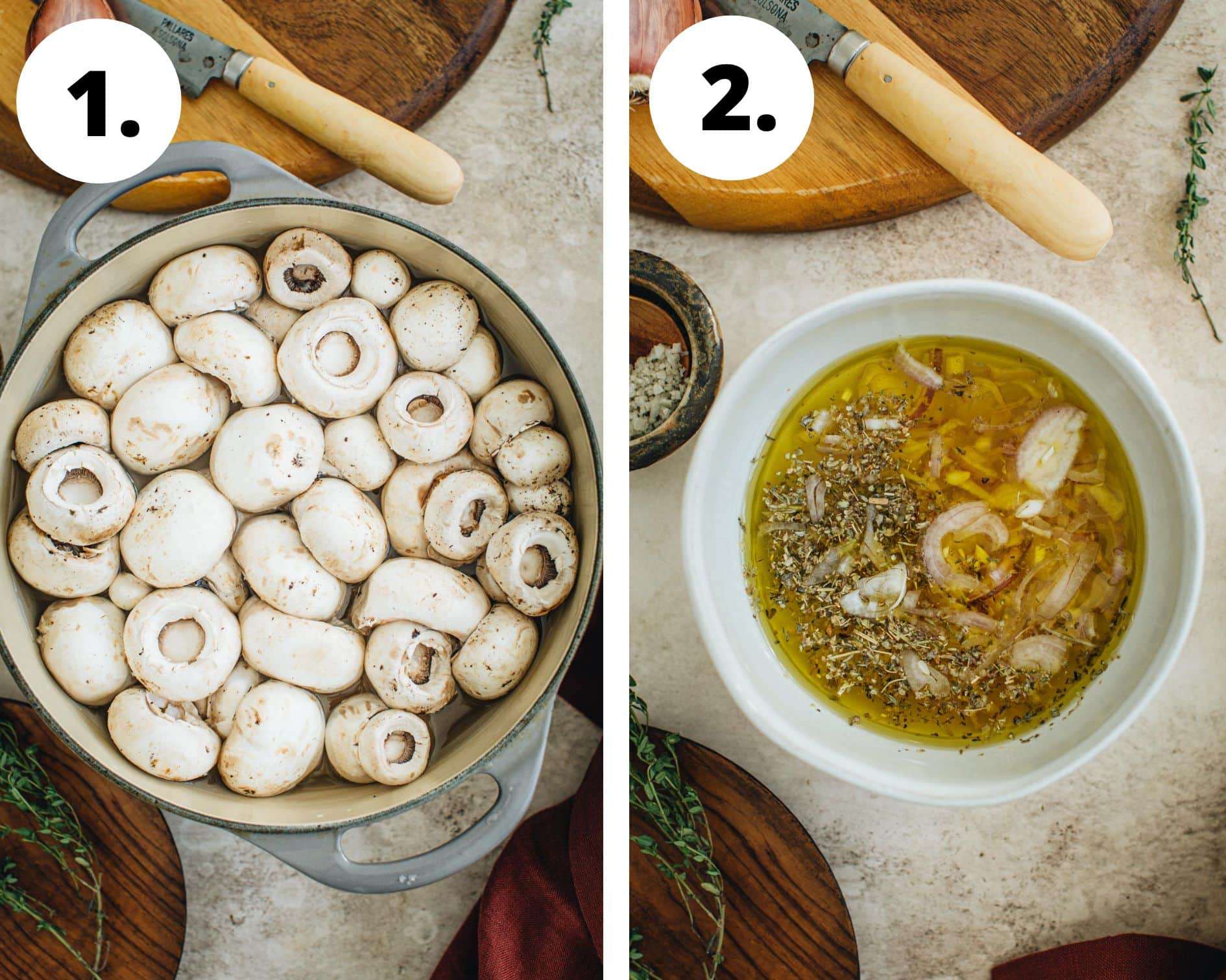 Italian marinated mushrooms recipe process steps 1 and 2.