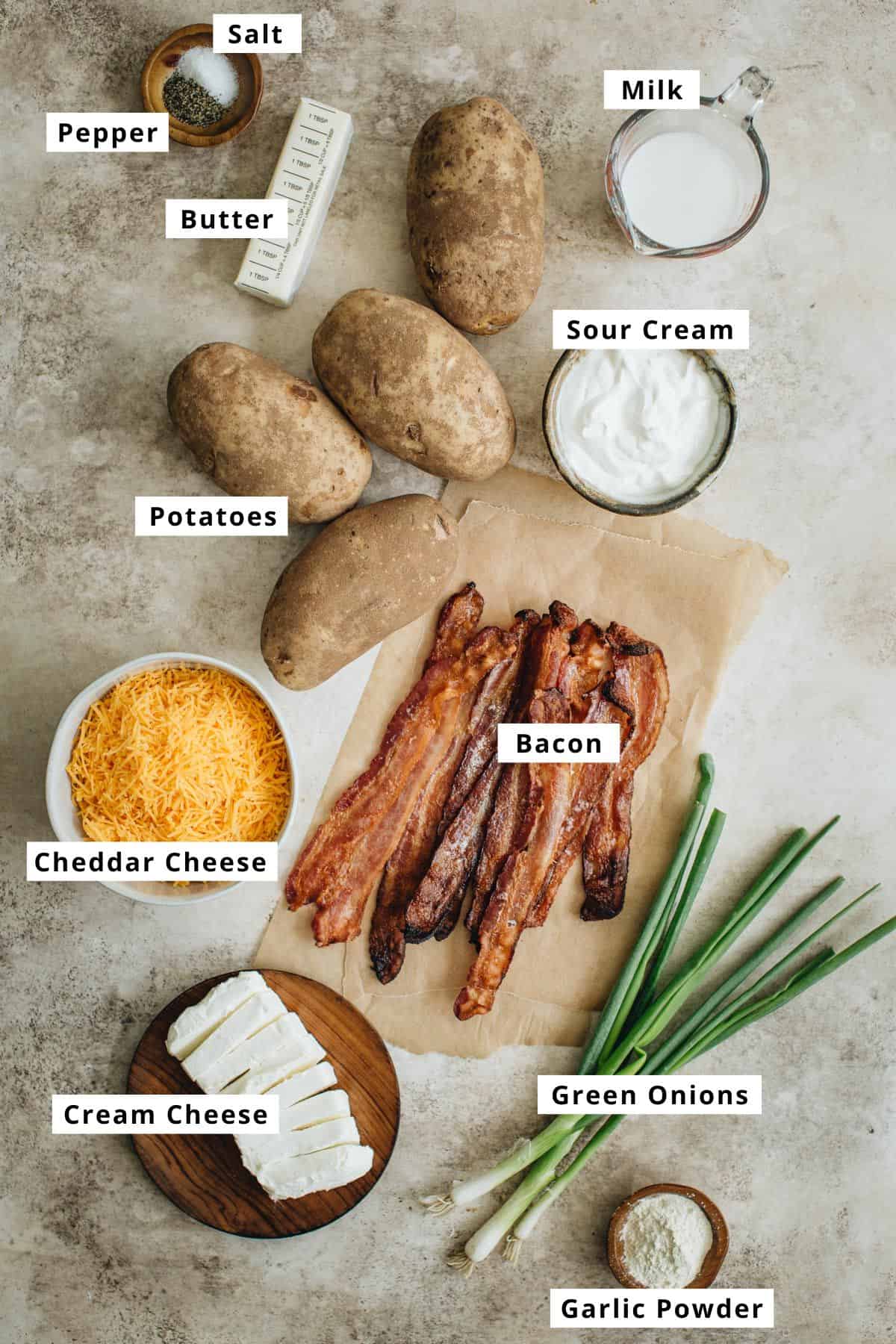 Loaded mashed potato casserole ingredients.