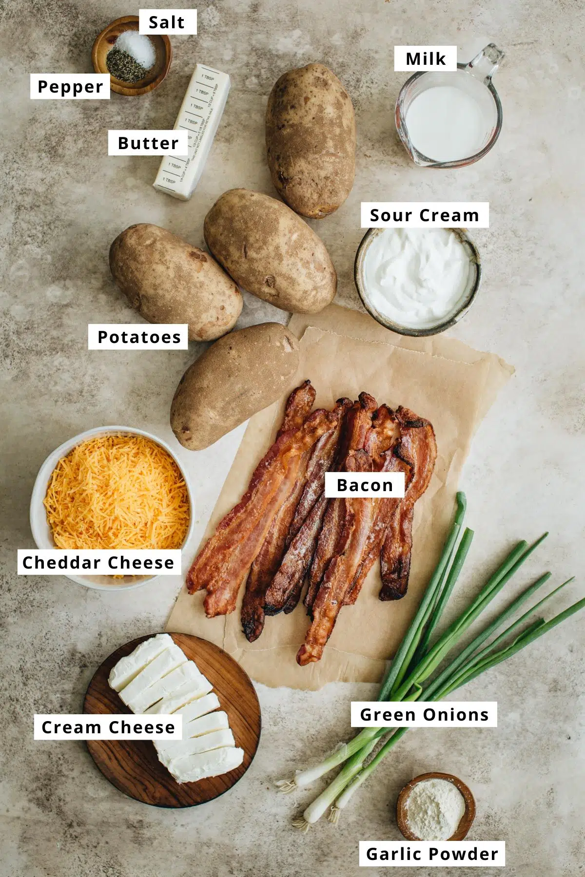 Loaded mashed potato casserole ingredients.