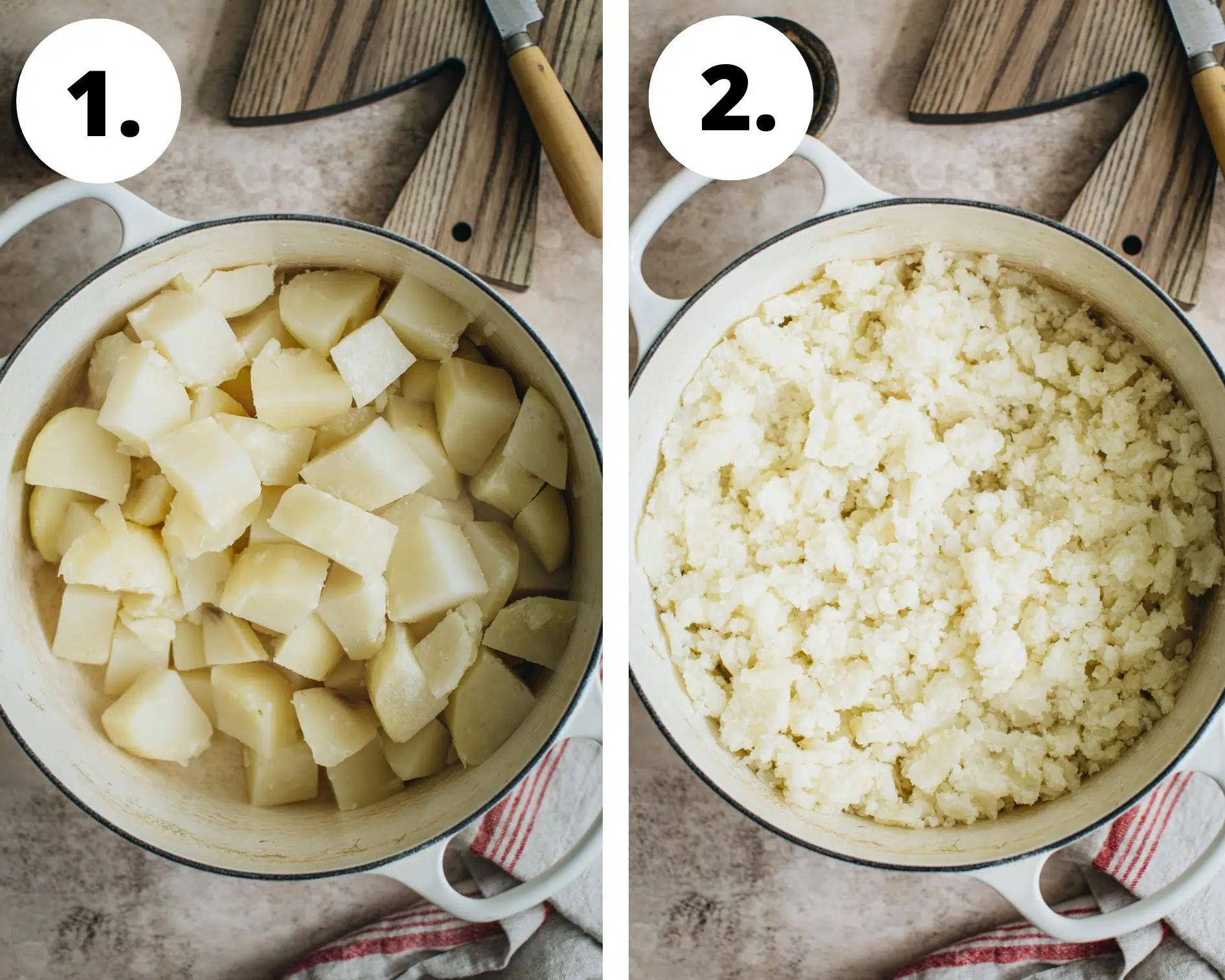 Loaded potato casserole process steps 1 and 2.