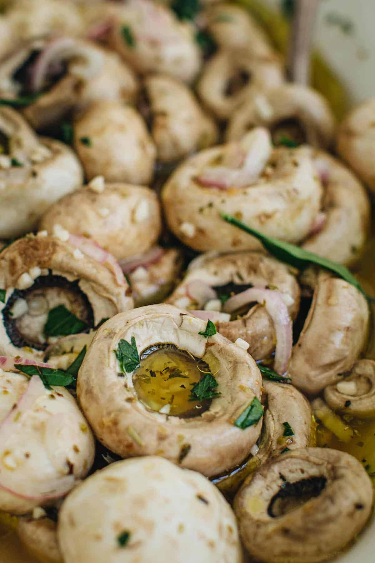 Marinated mushrooms for antipasto with herbs and marinated over them.