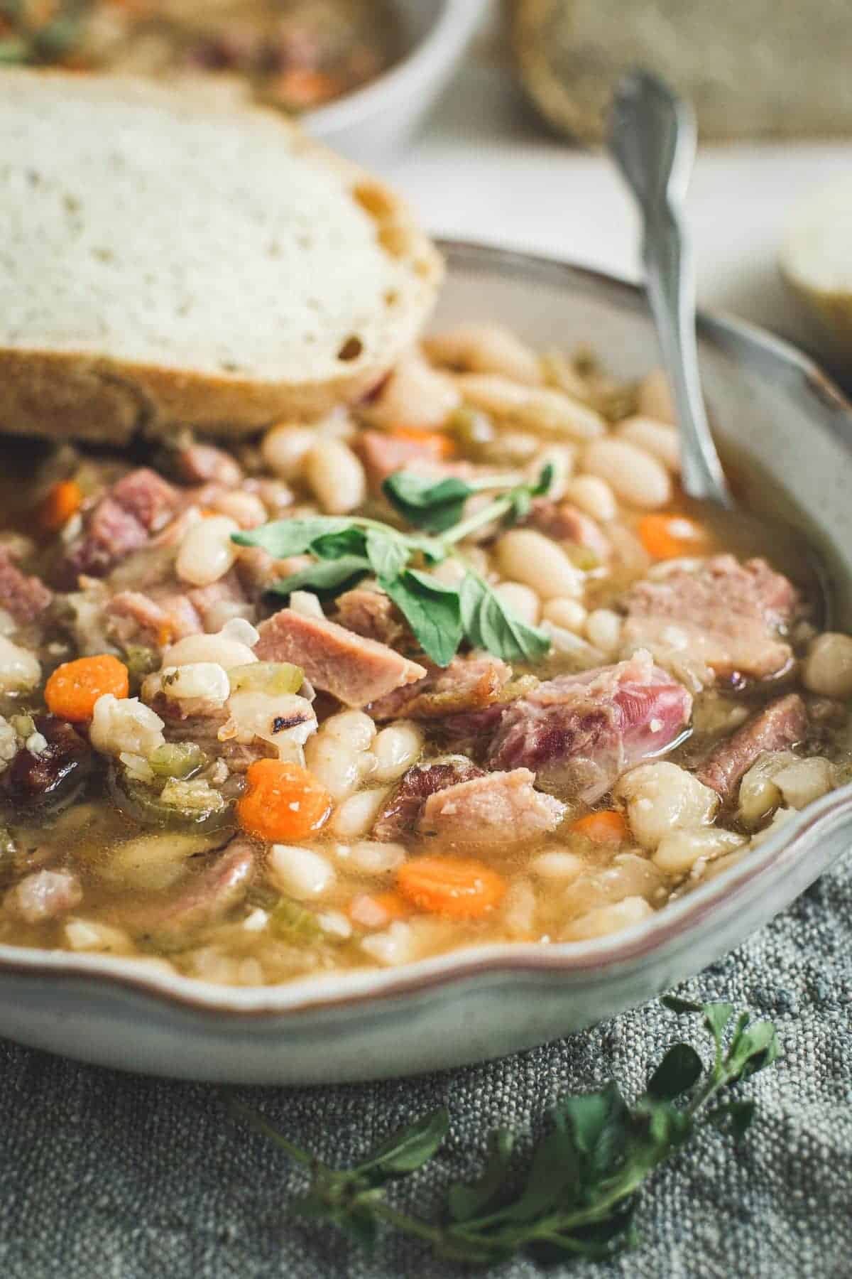 Northern beans and ham soup with crusty bread on the side.