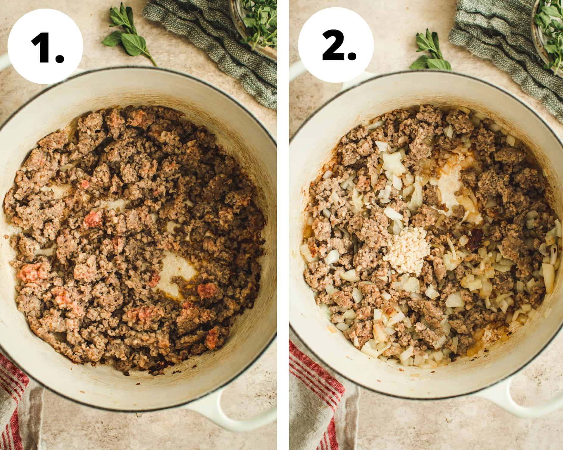 Sausage and tortellini soup process steps 1 and 2.