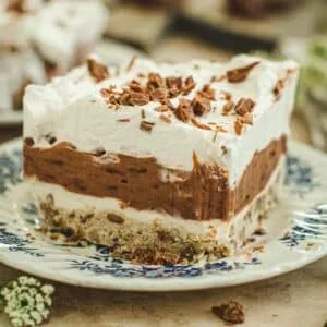 Slice of chocolate delight on a blue and white plate.