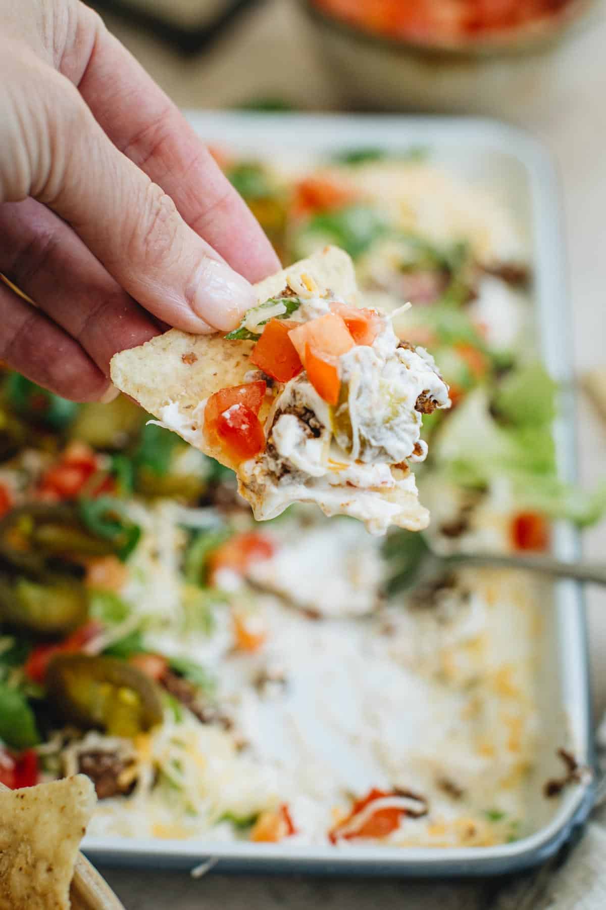 Hand holding a tortilla chip with taco dip on it.