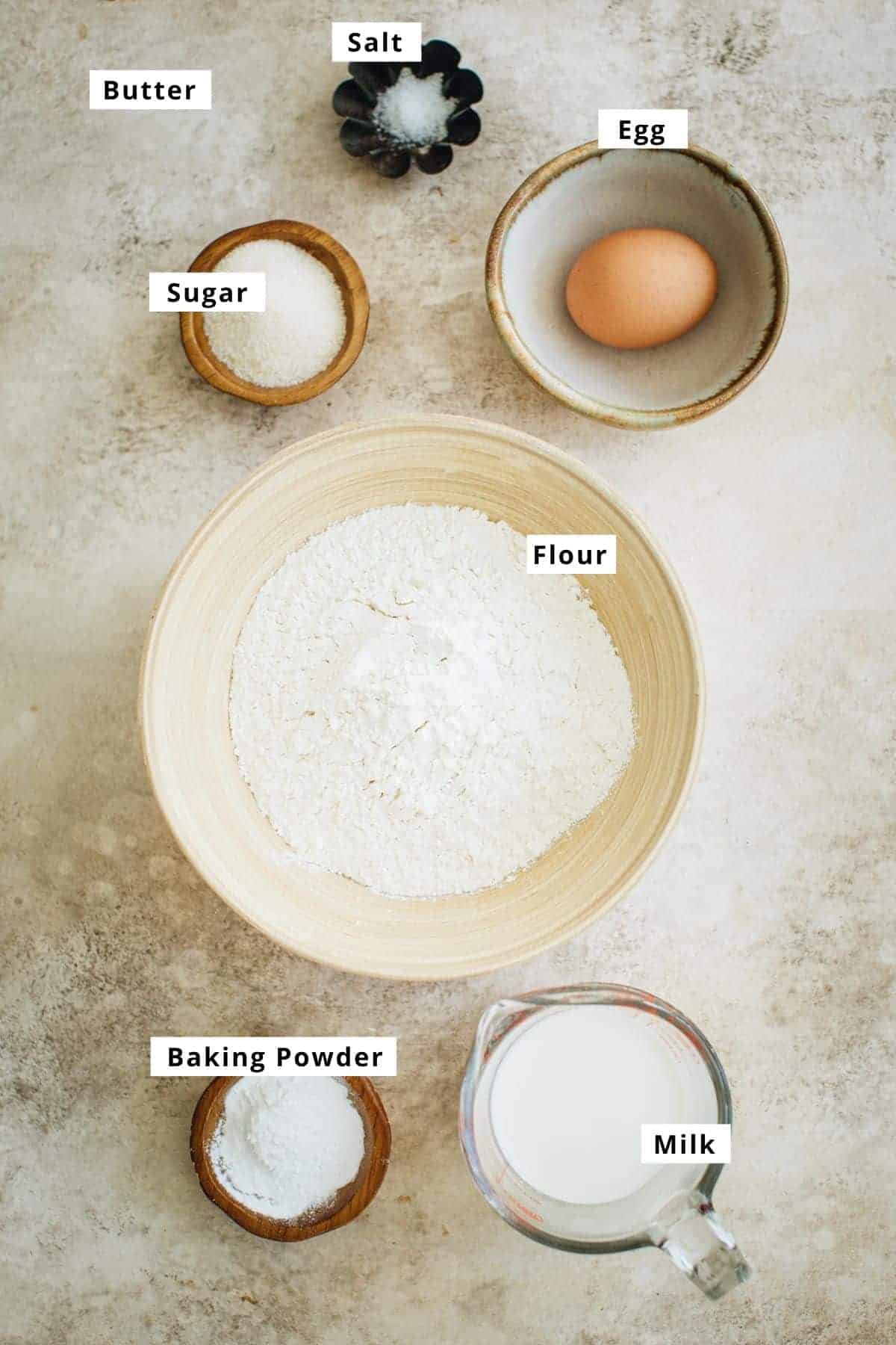 Traditional English scones recipe ingredients.