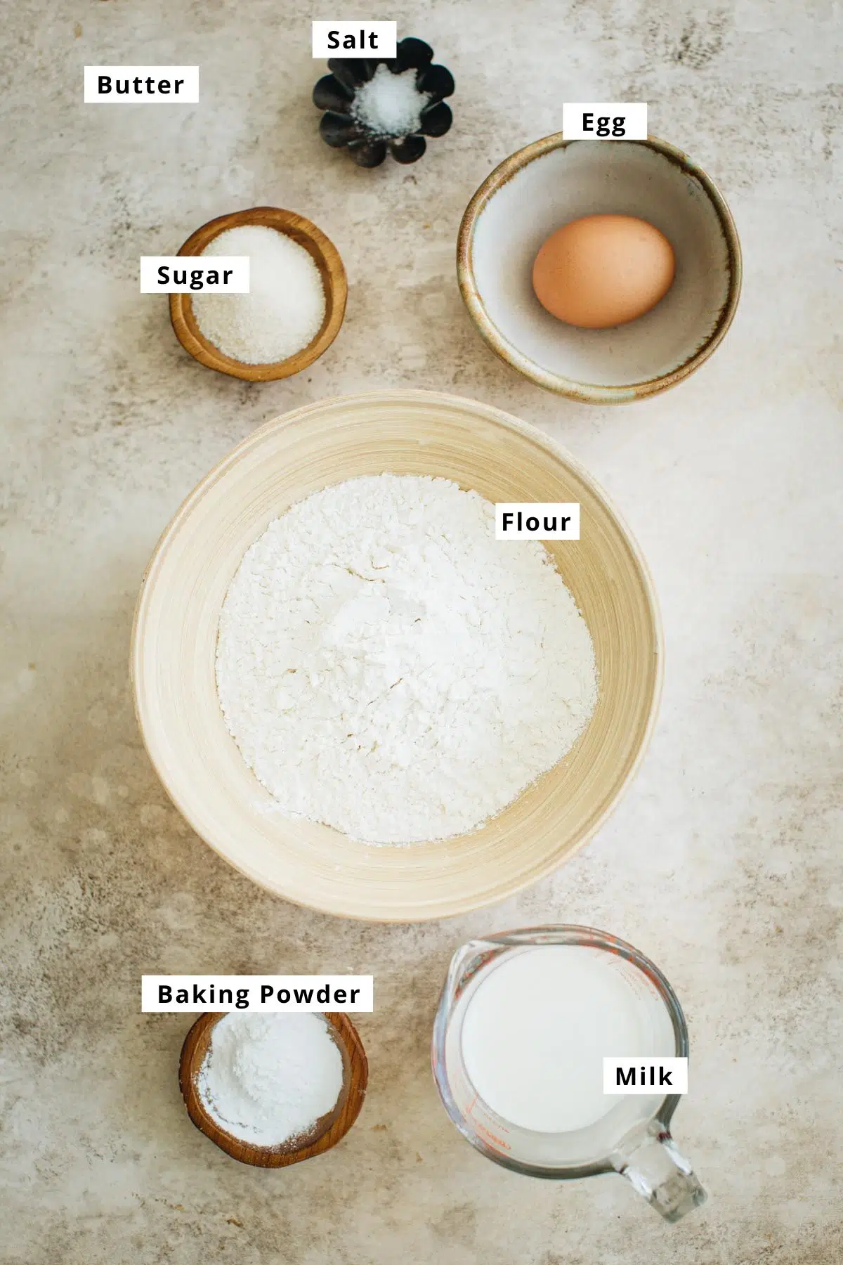 Traditional English scones recipe ingredients.