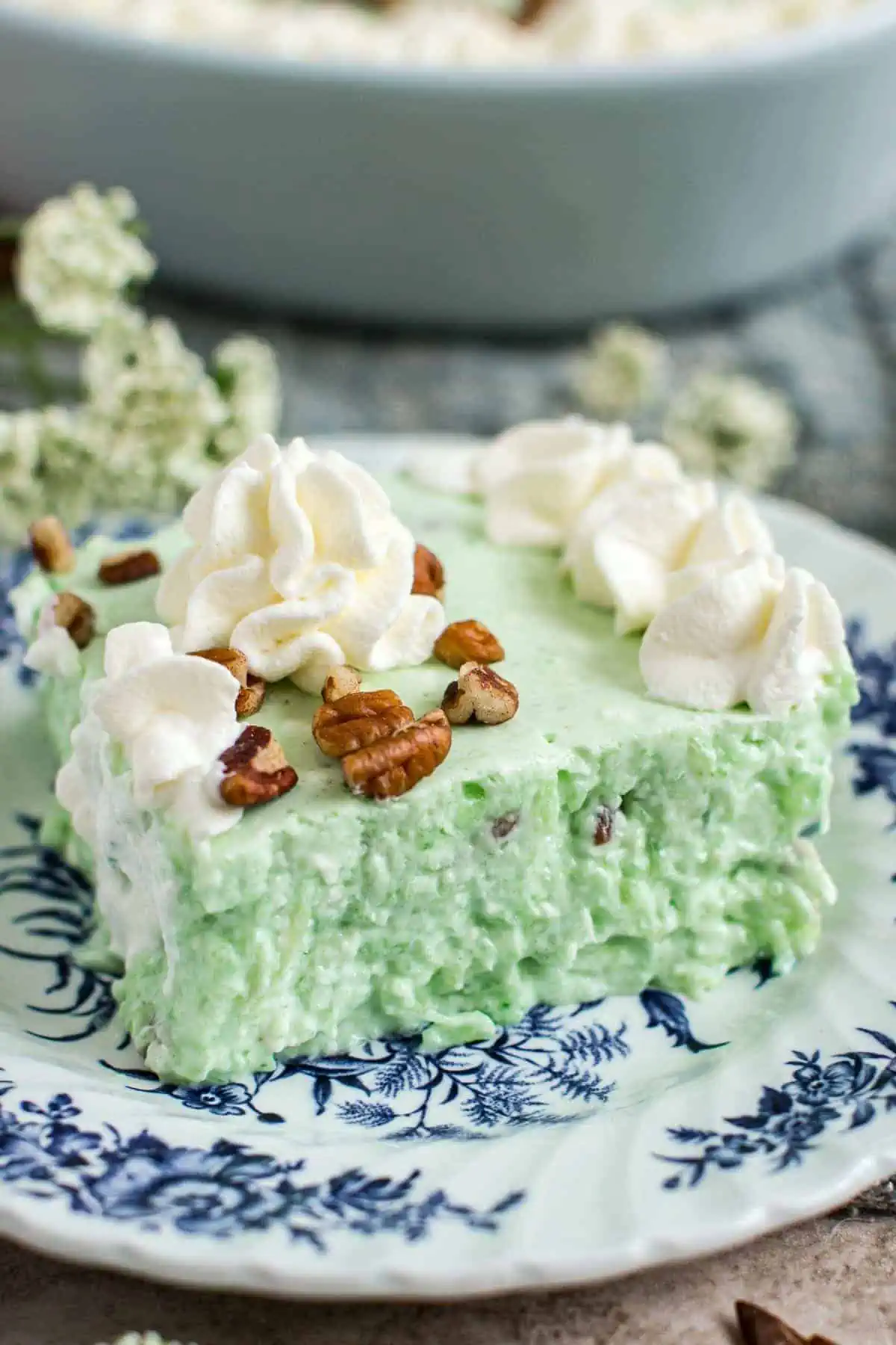 Vintage lime jello salad topped with whipped cream and chopped pecans.