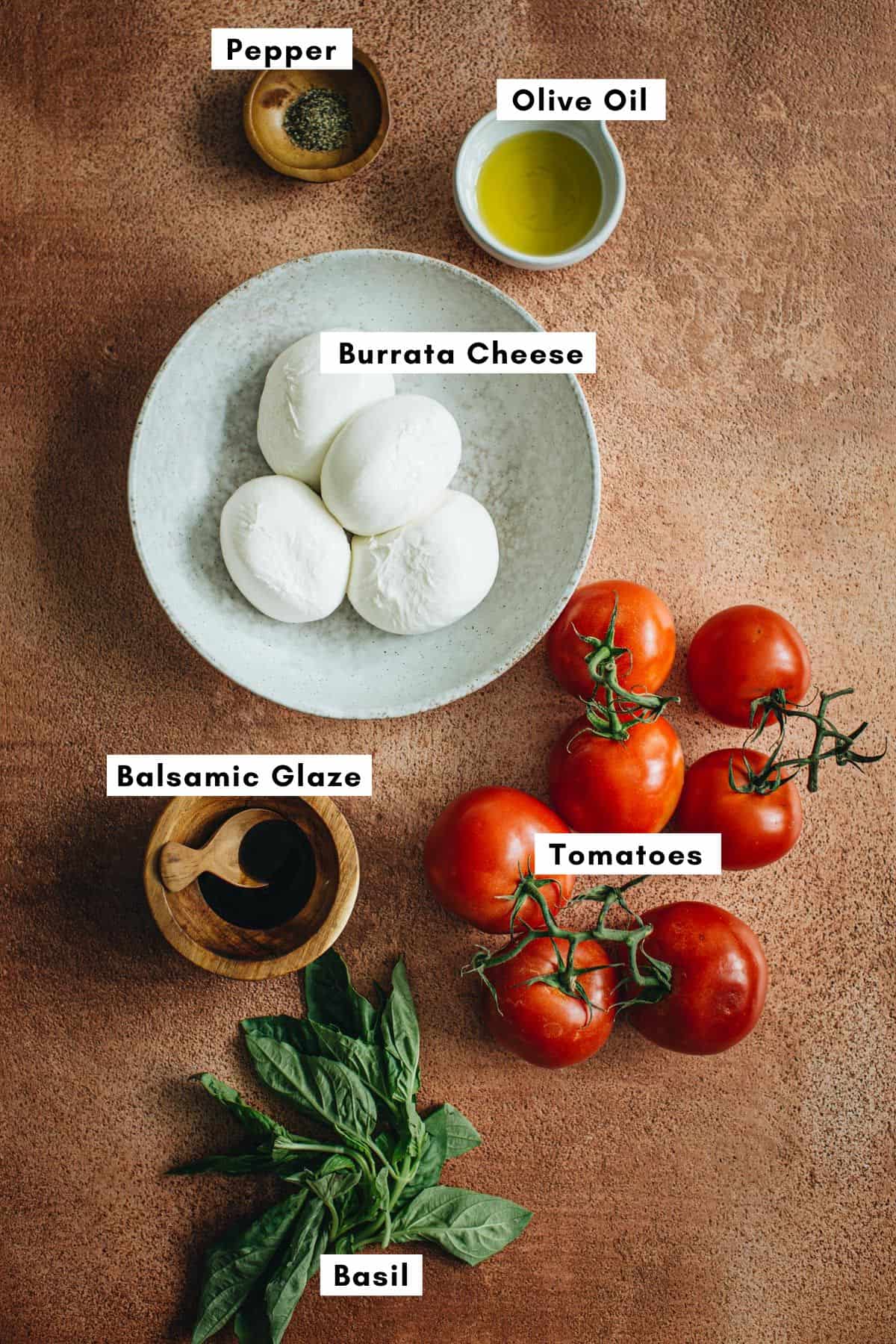 Burrata caprese recipe ingredients.