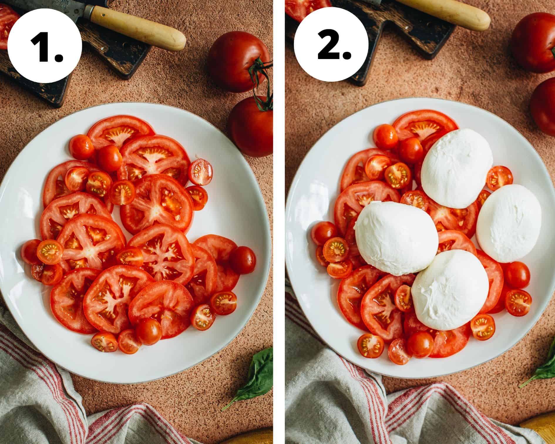 Burrata caprese salad process steps 1 and 2.