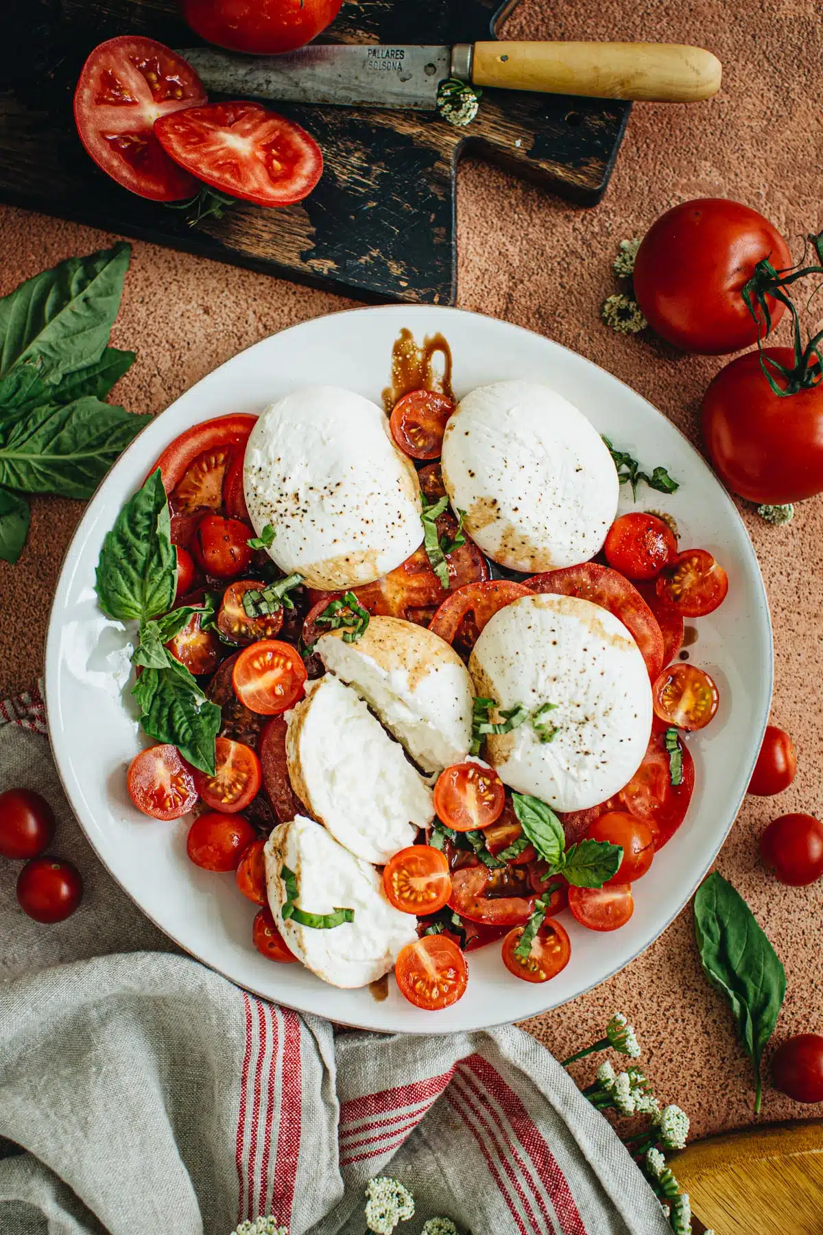 Burrata Caprese with fresh basil on top in a white bowl.