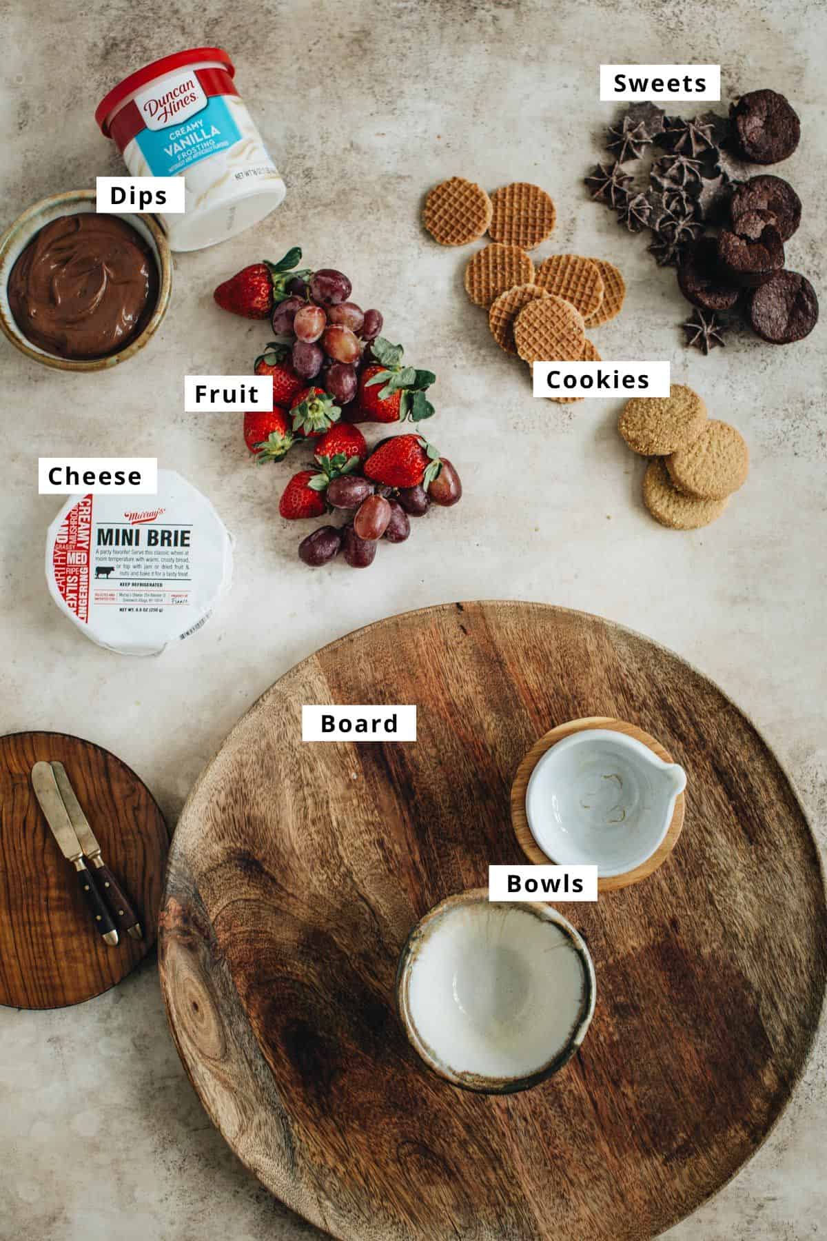Items and ingredients needed for a sweet board.
