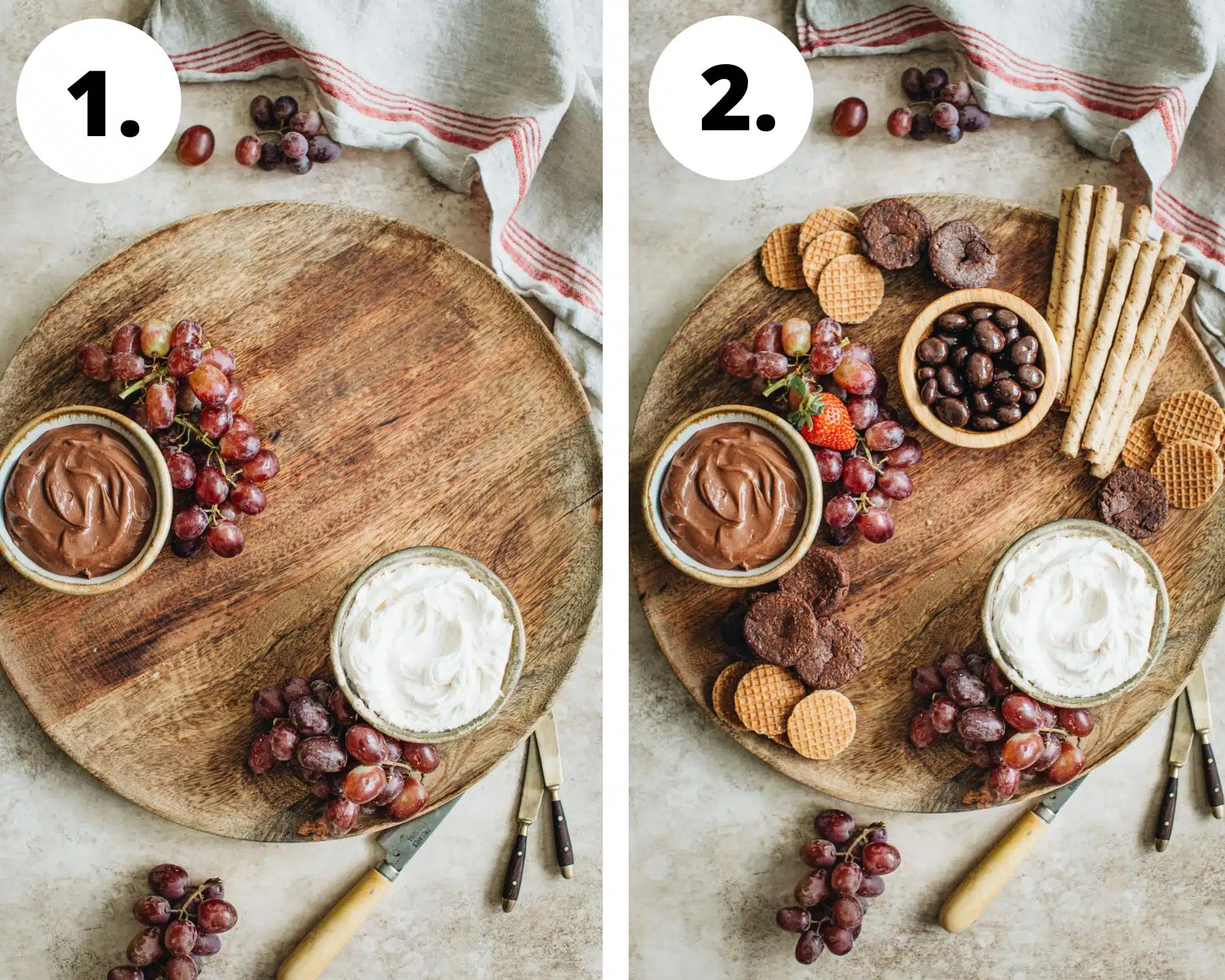 Dessert charcuterie board process steps 1 and 2.