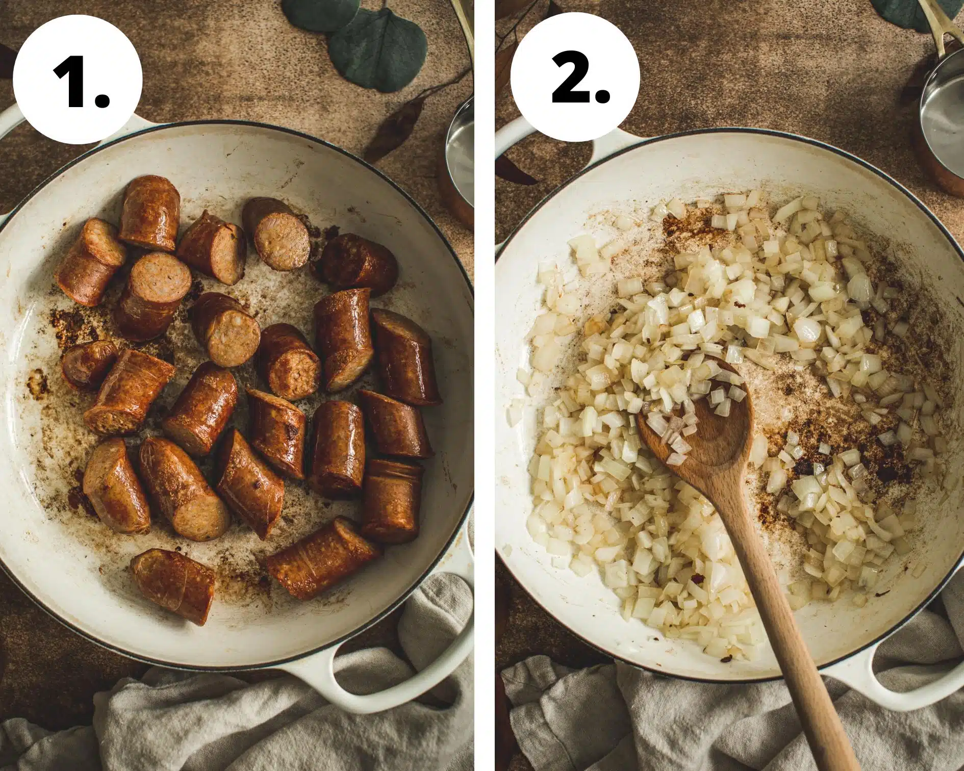 Kielbasa and sauerkraut recipe process steps 1 and 2.