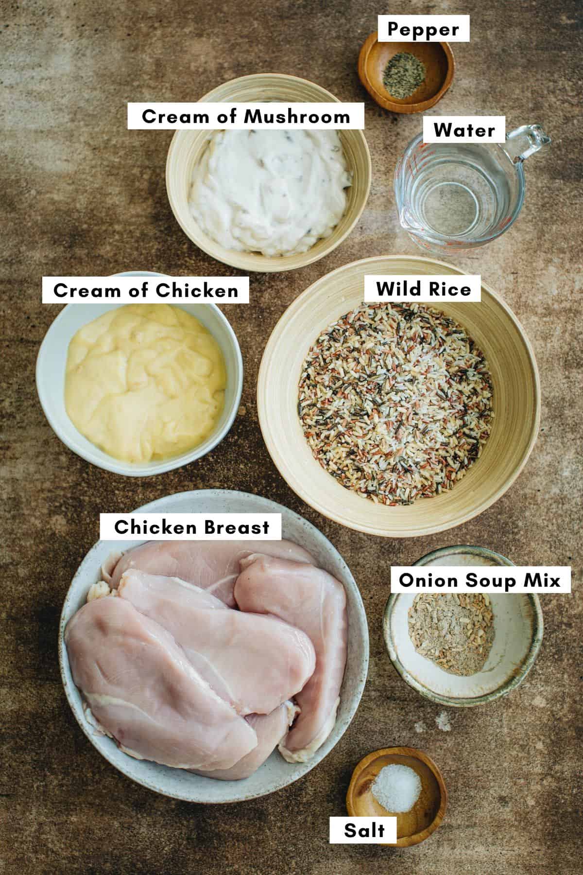 No peek chicken recipe ingredients in various bowls.