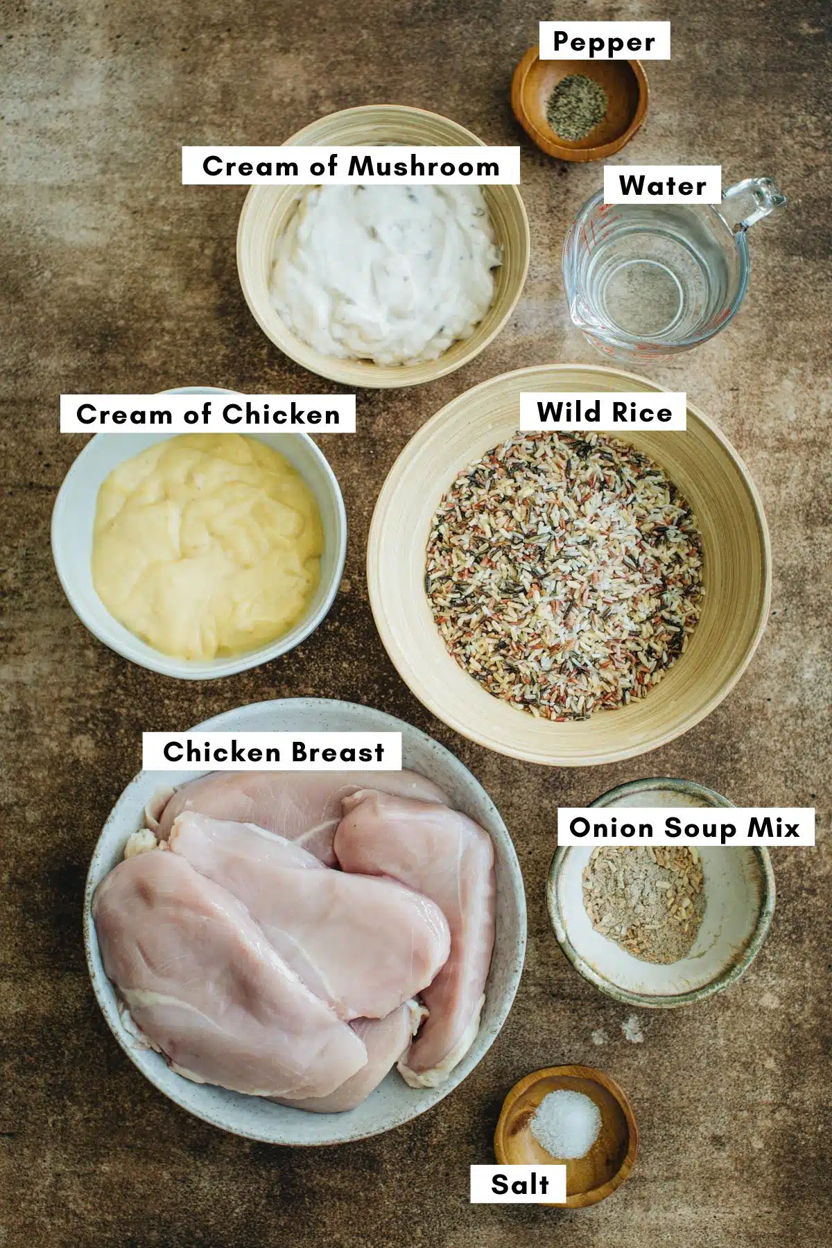No peek chicken recipe ingredients in various bowls.