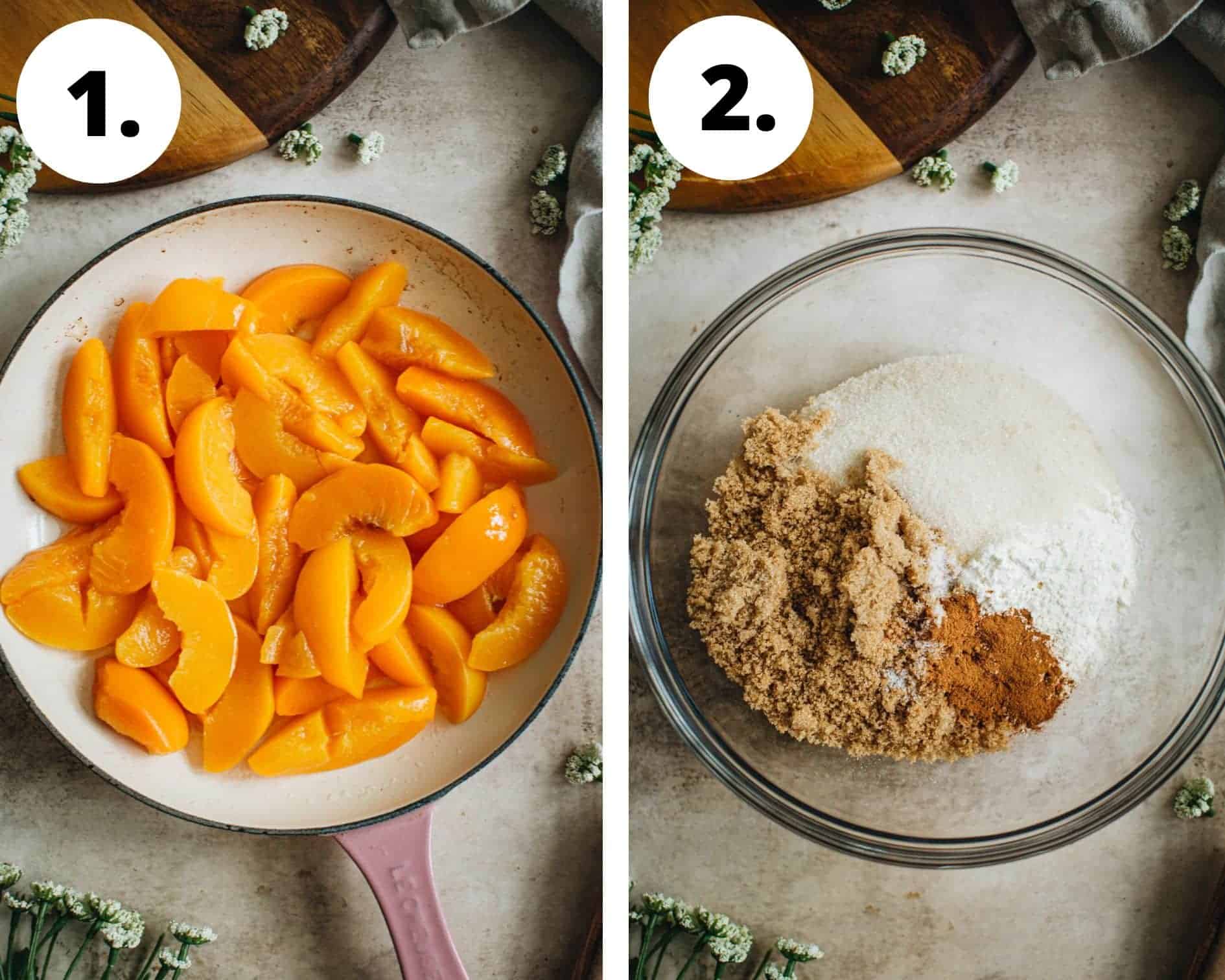 Peach crumble recipe process steps 1 and 2.