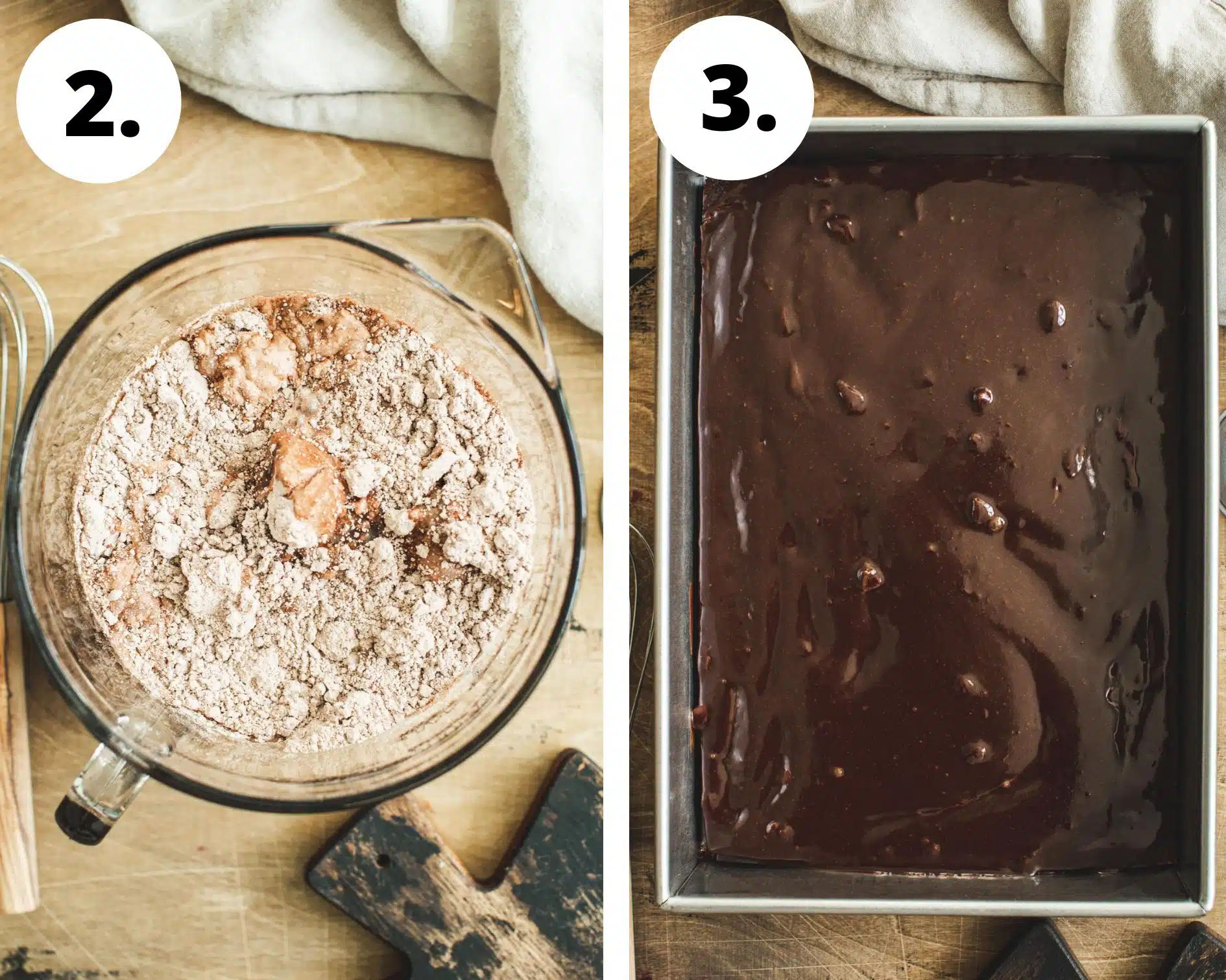 Chocolate turtle cake process steps 2 and 3.