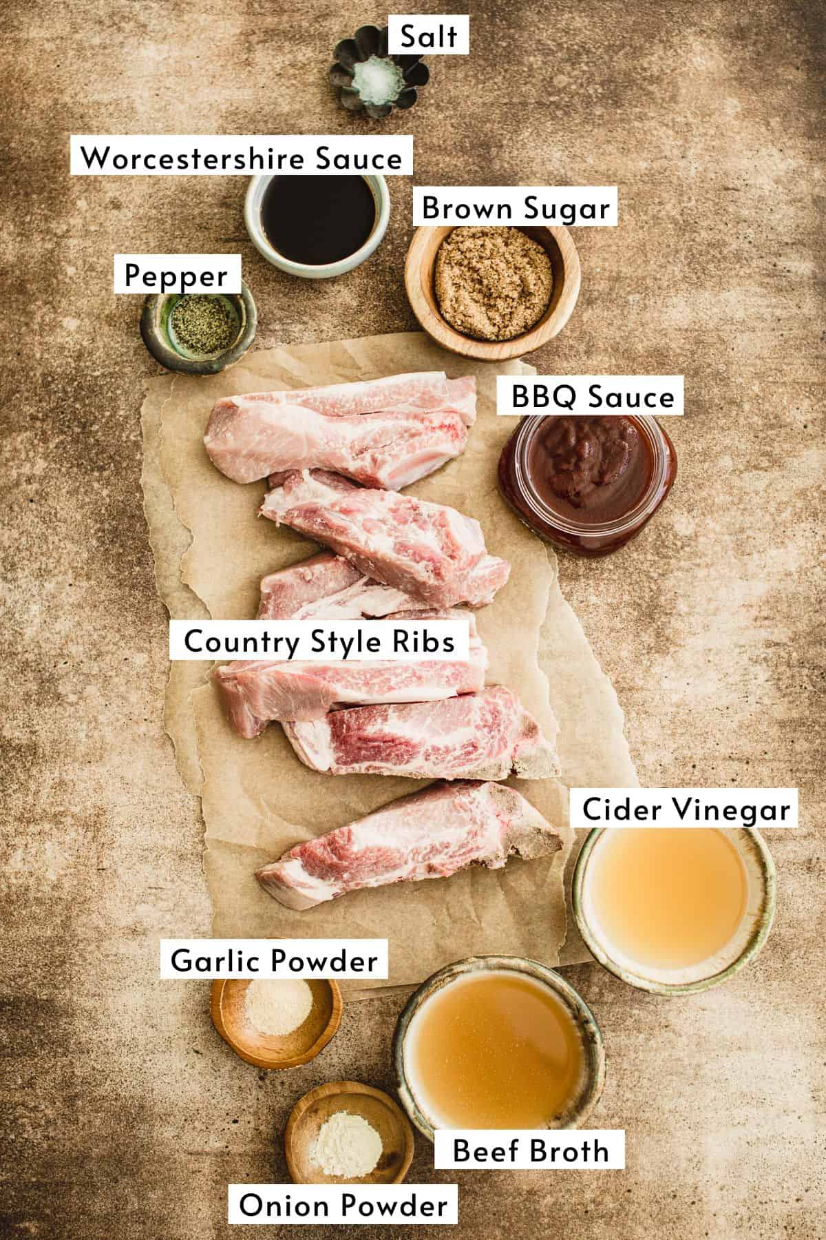 Country style pork ribs ingredients in various bowls.