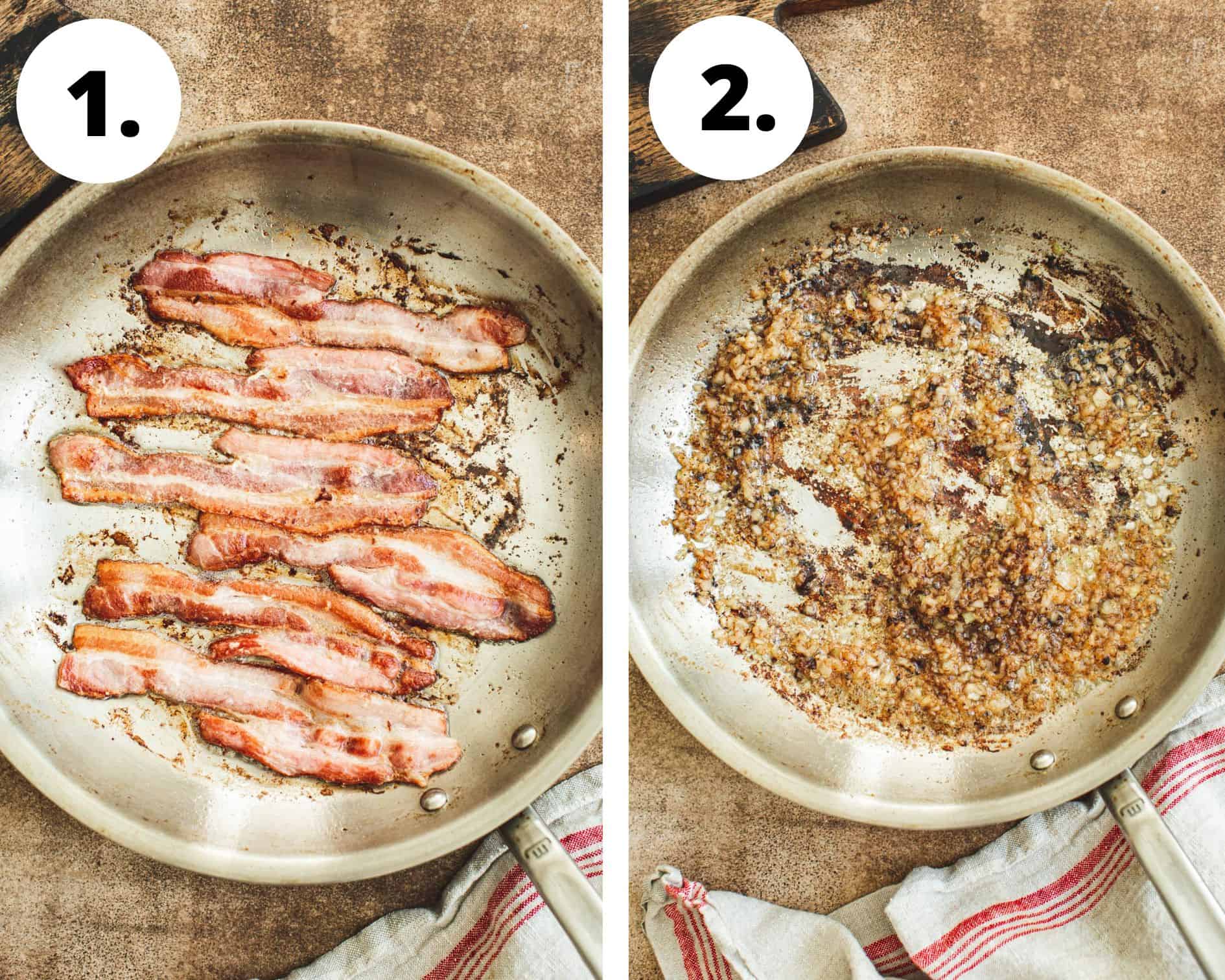Hot bacon salad dressing process steps 1 and 2.