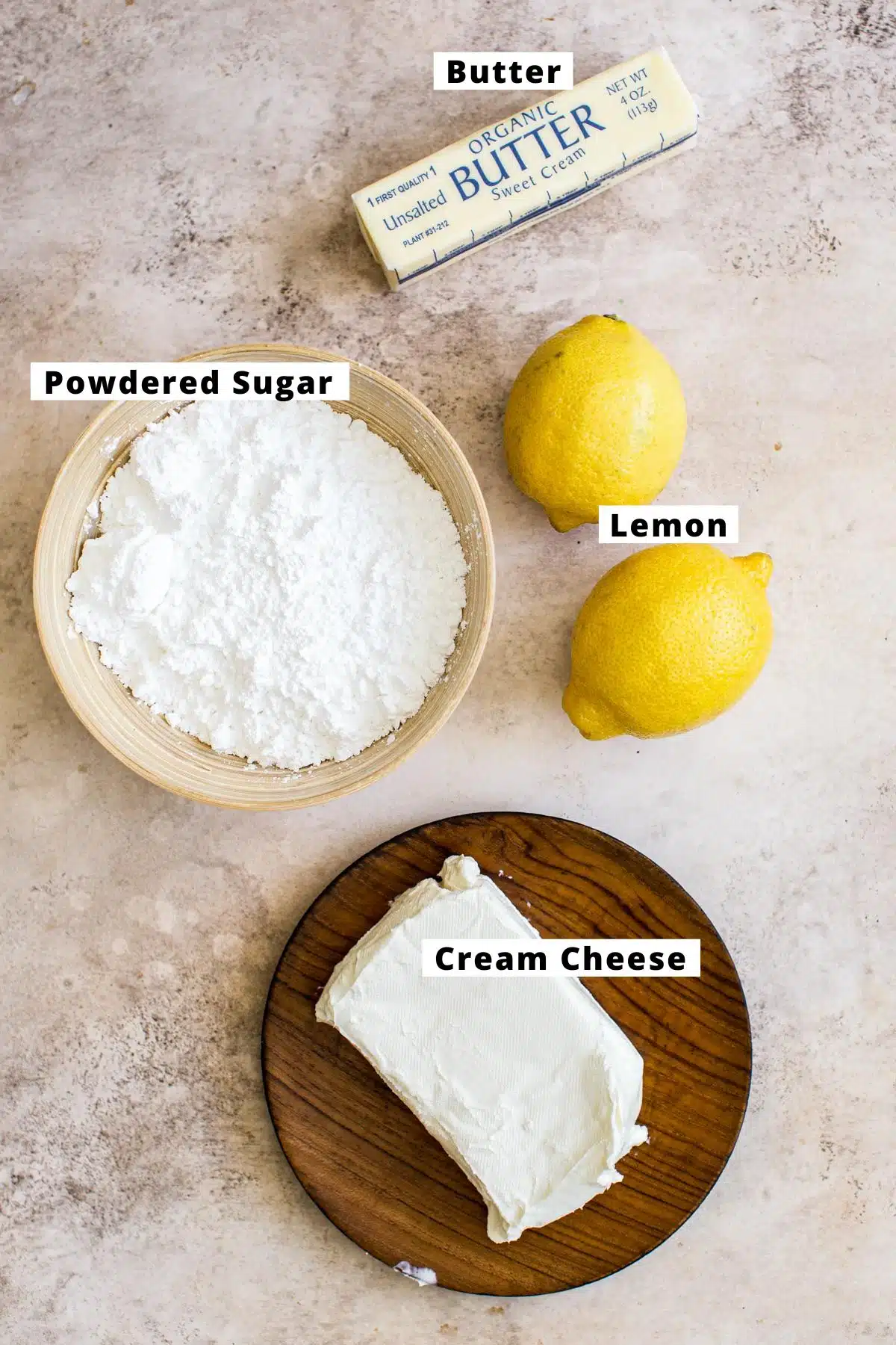 Lemon cream cheese frosting ingredients.