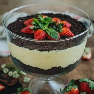 Dirt dessert in a trifle bowl topped with fresh strawberries.