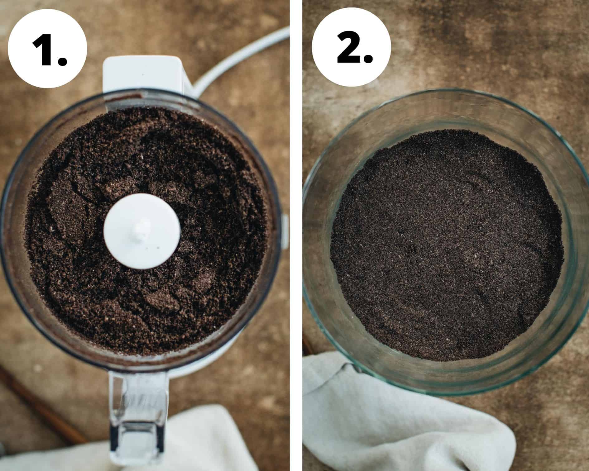 Oreo dirt cake process steps 1 and 2.