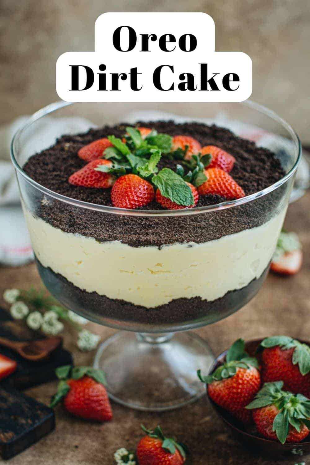 Oreo dirt pudding in a trifle bowl.