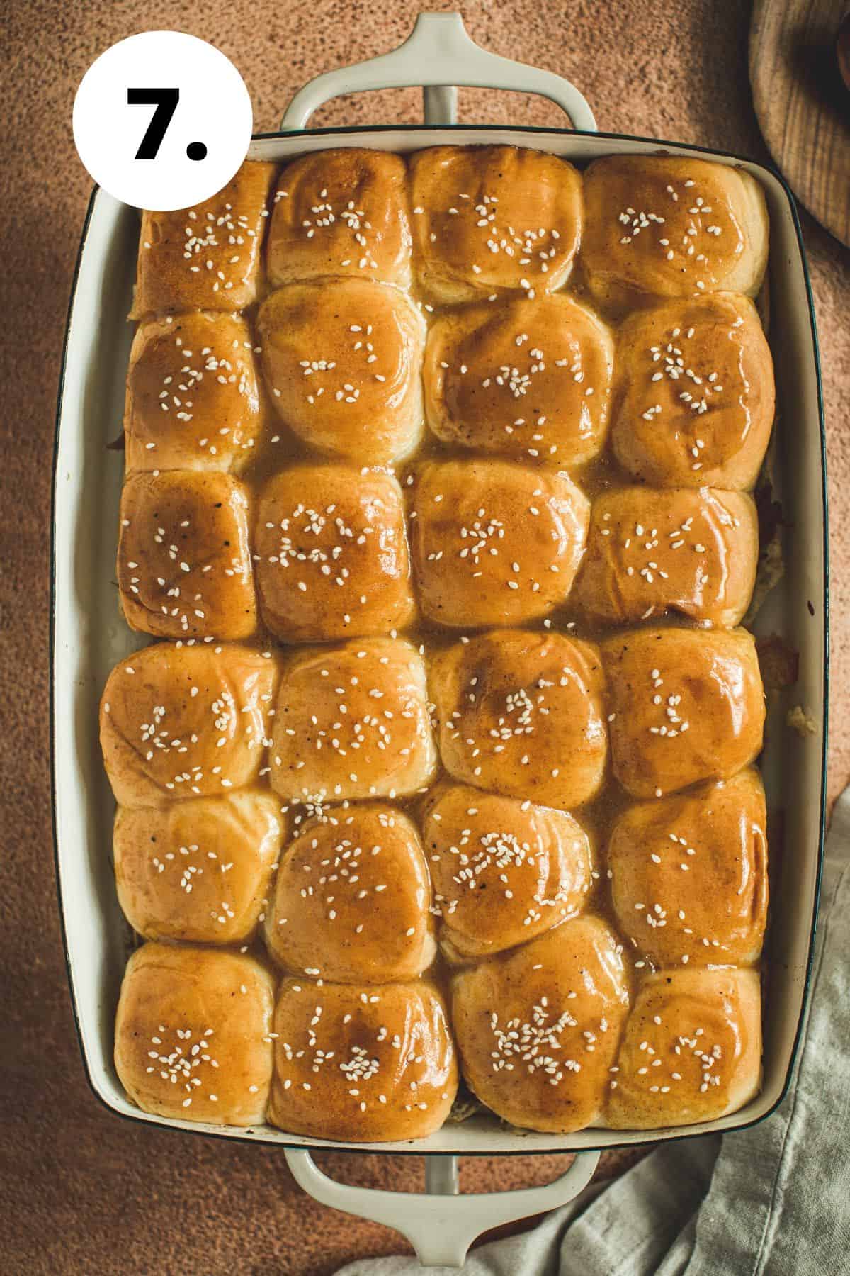 BBQ pulled pork sliders in a baking pan.