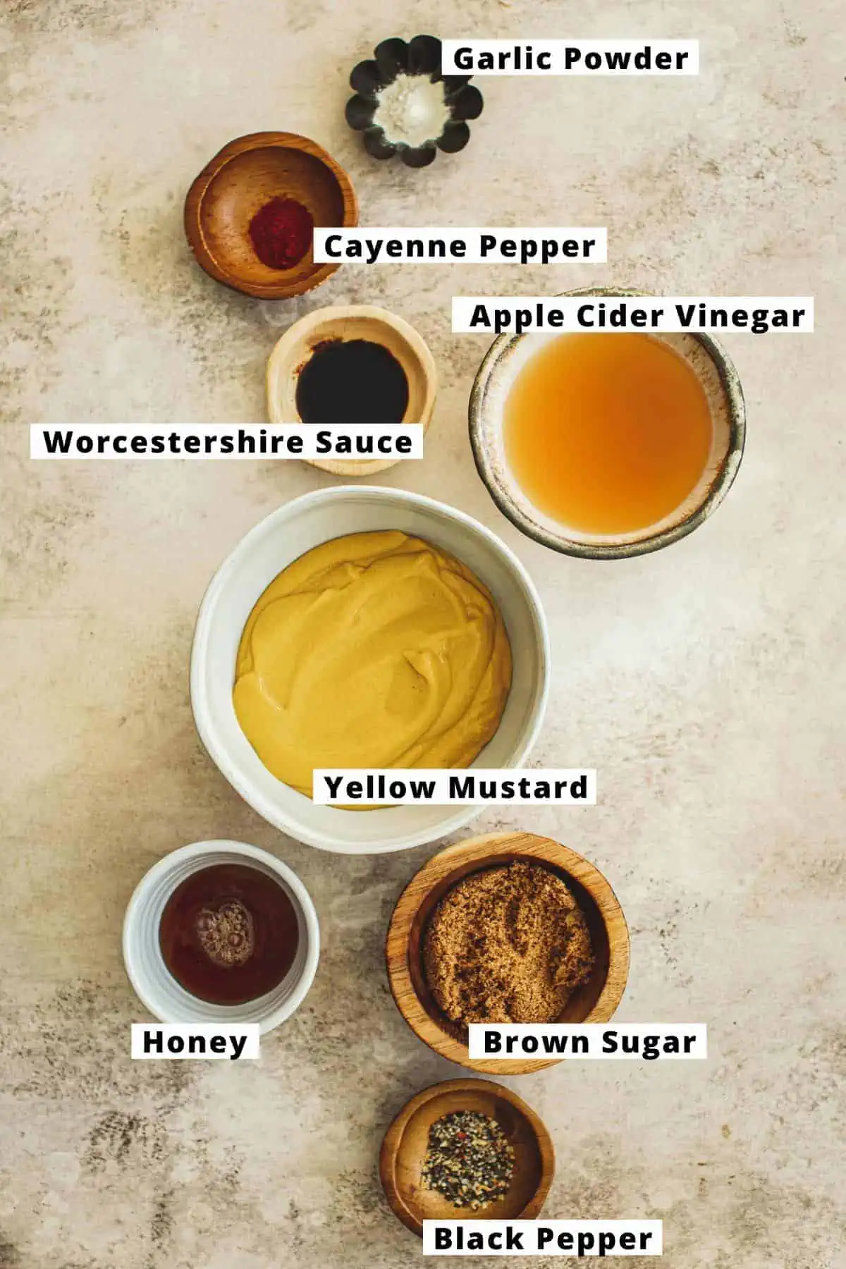Carolina gold bbq sauce ingredients in various bowls.