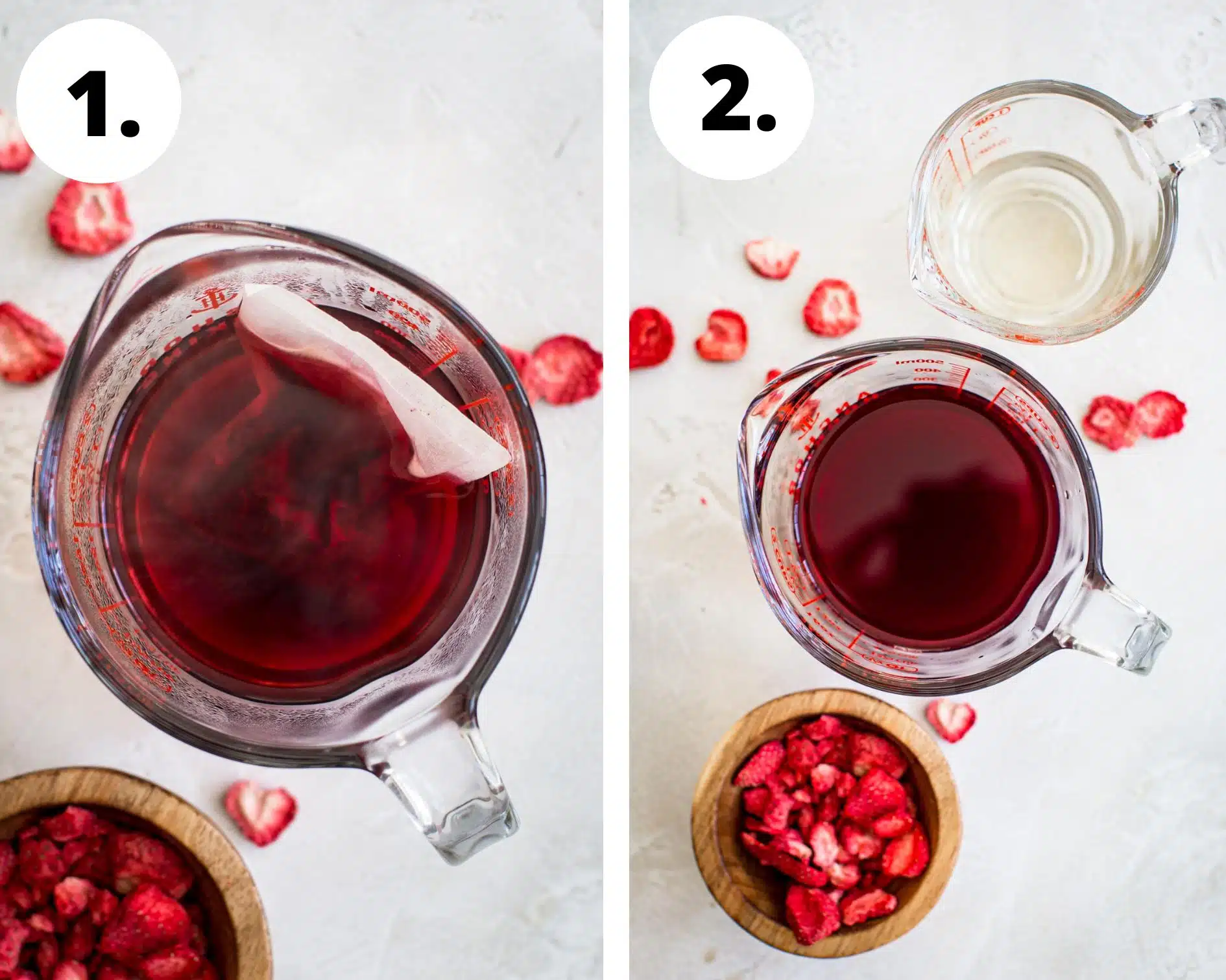 Recipe steps 1 and 2 for making a pink drink at home.