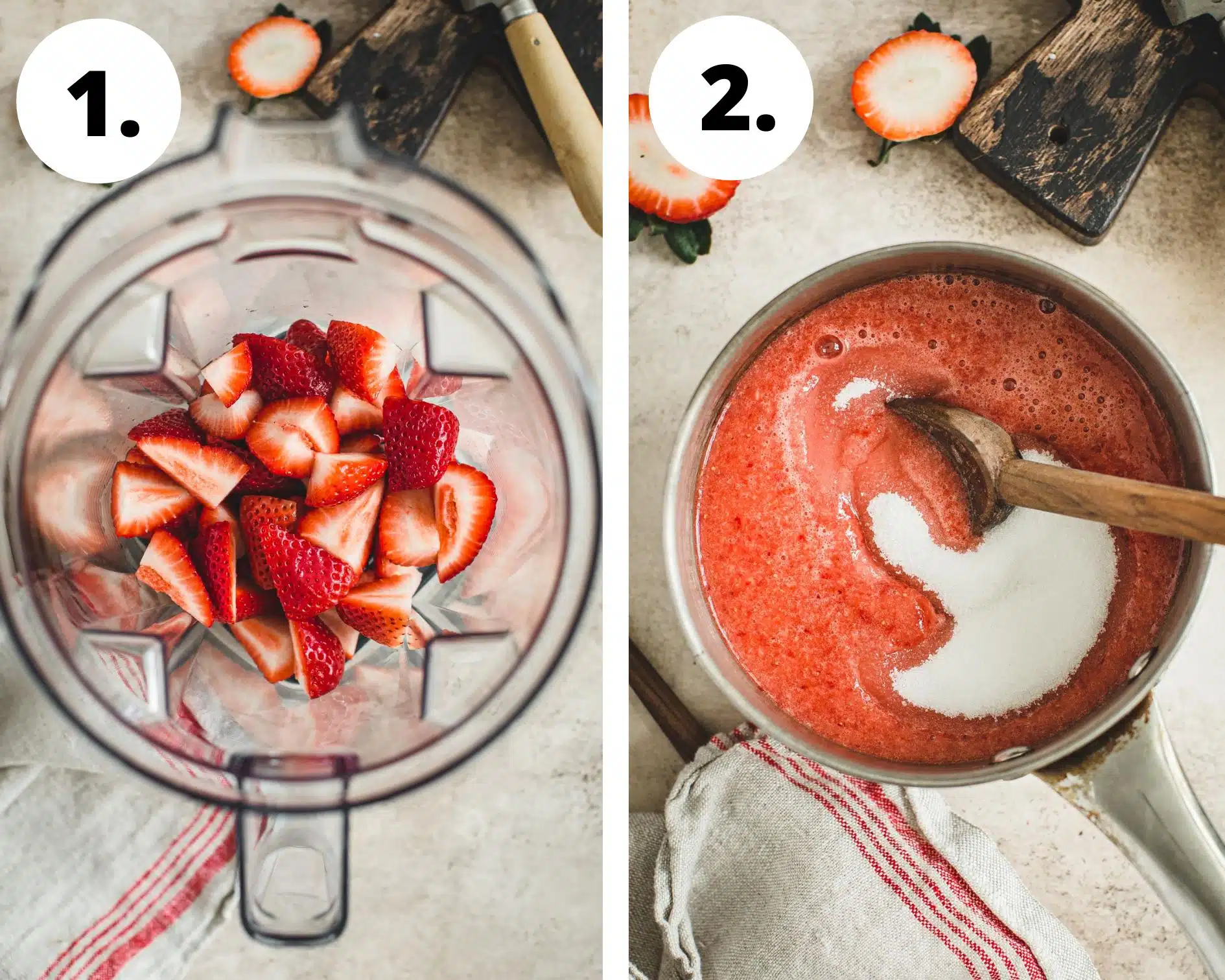 Korean strawberry milk process steps 1 and 2.