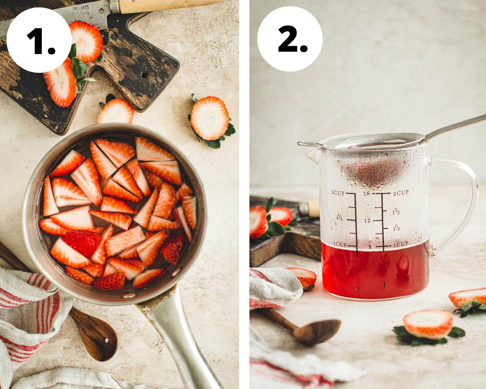 Process steps 1 and 2 for how to make a strawberry latte.