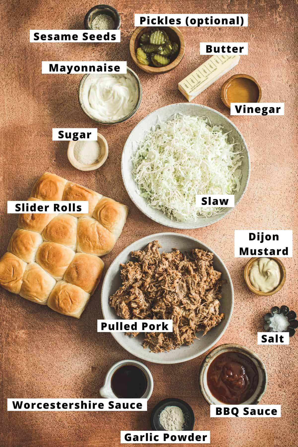Ingredients needed for making bbq pulled pork sliders.