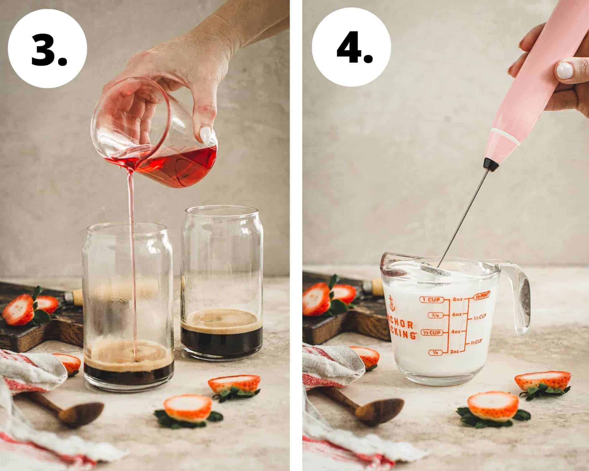Iced strawberry latte process steps 3 and 4.
