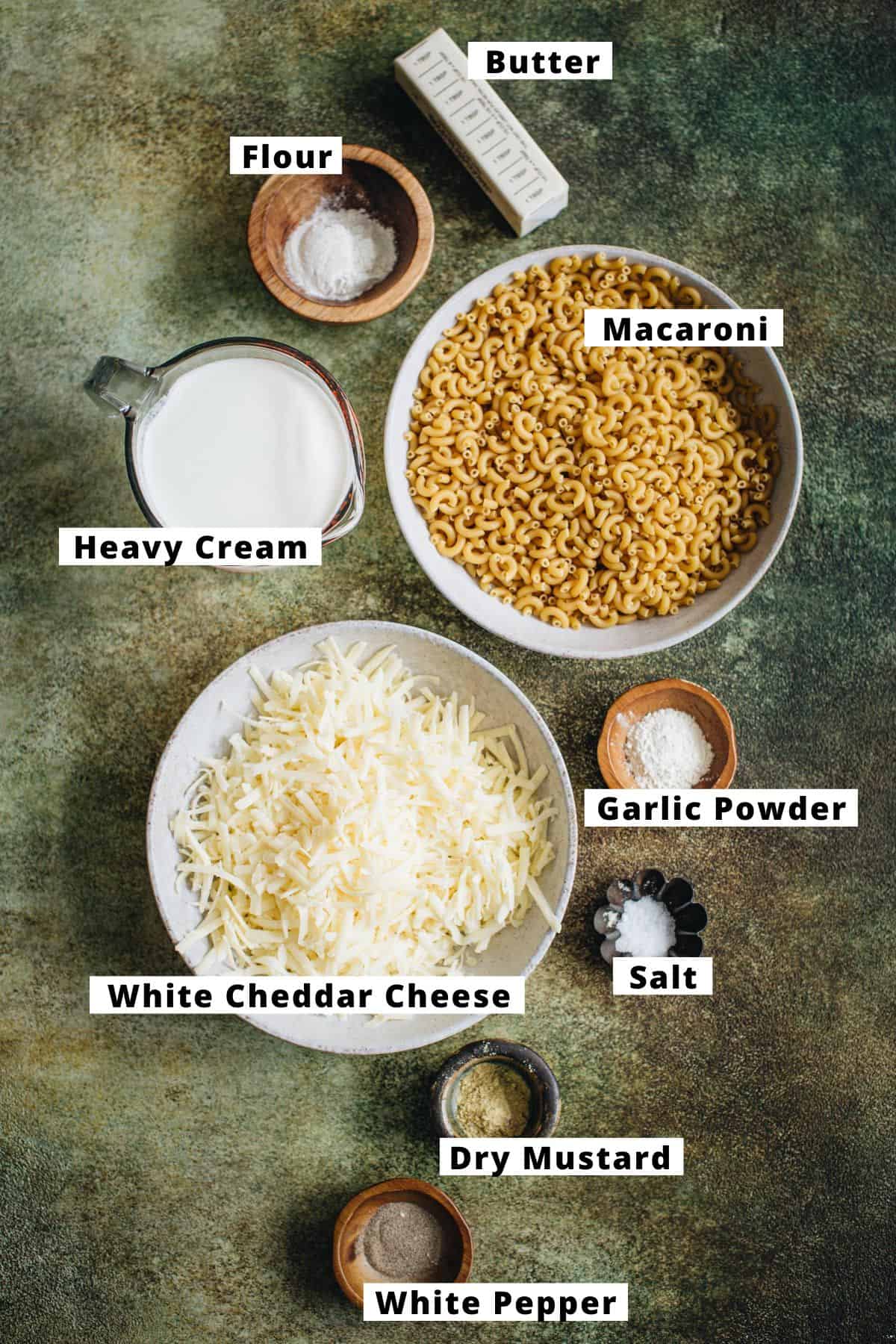 White cheddar mac and cheese ingredients.