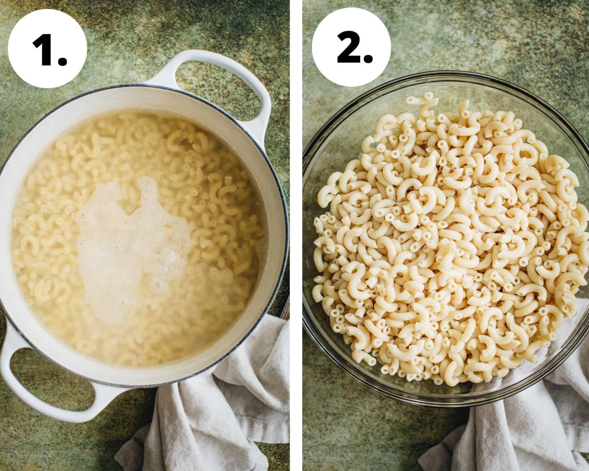 Process steps 1 and 2 for making white cheddar mac and cheese.