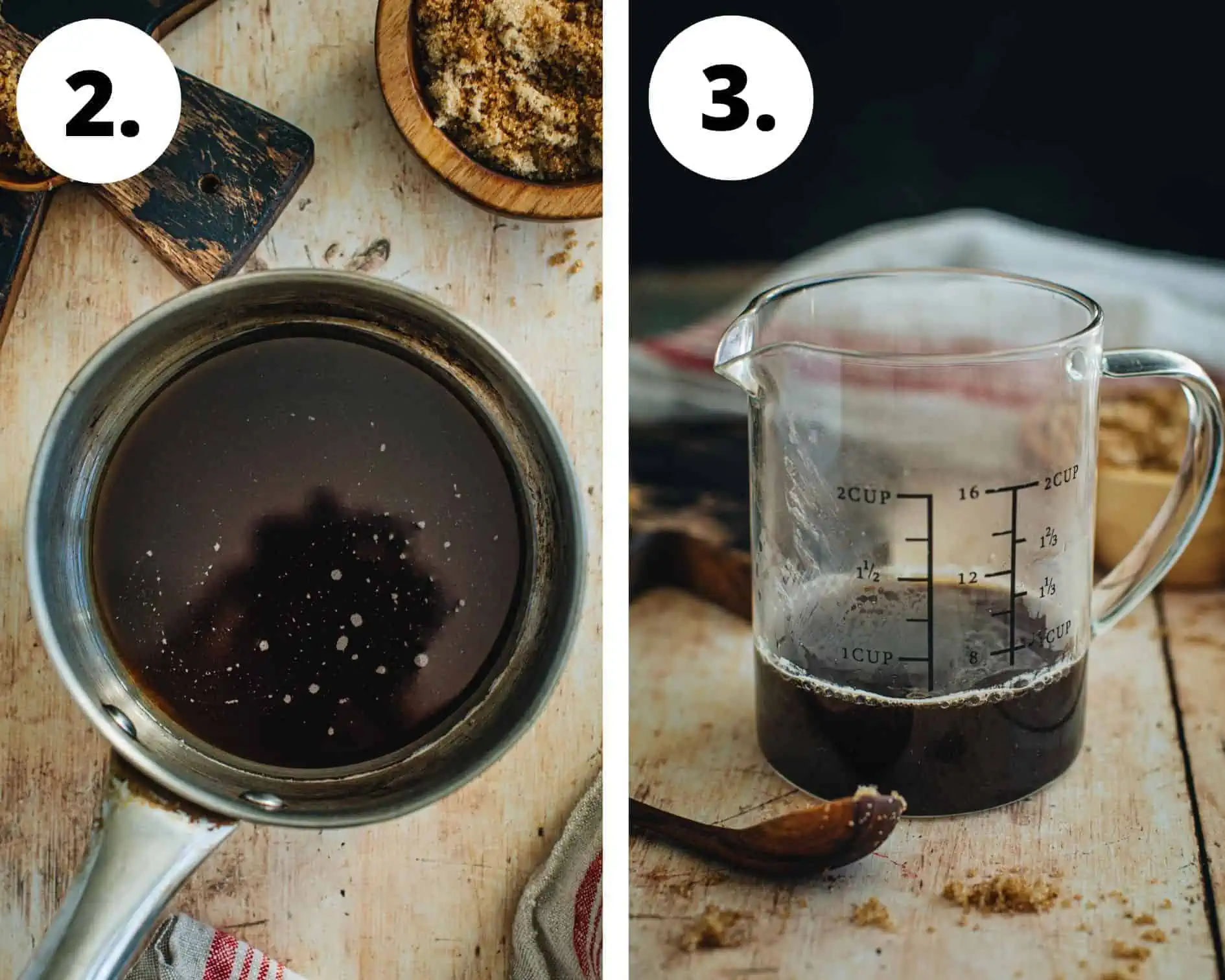 Process steps 2 and 3 for how to make brown sugar syrup.