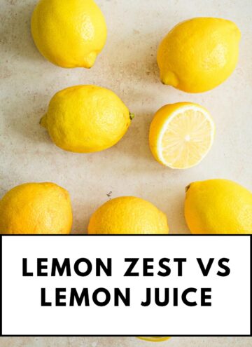 Lemons on a board with the title "lemon zest vs lemon juice."