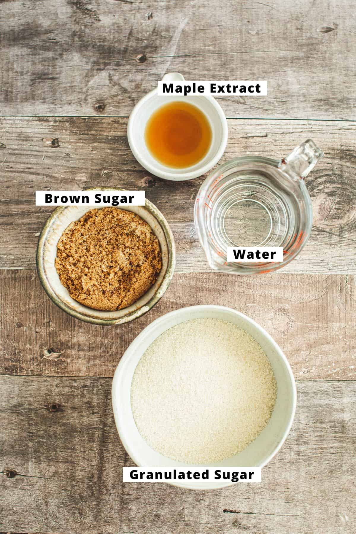 Maple syrup ingredients in various bowls.