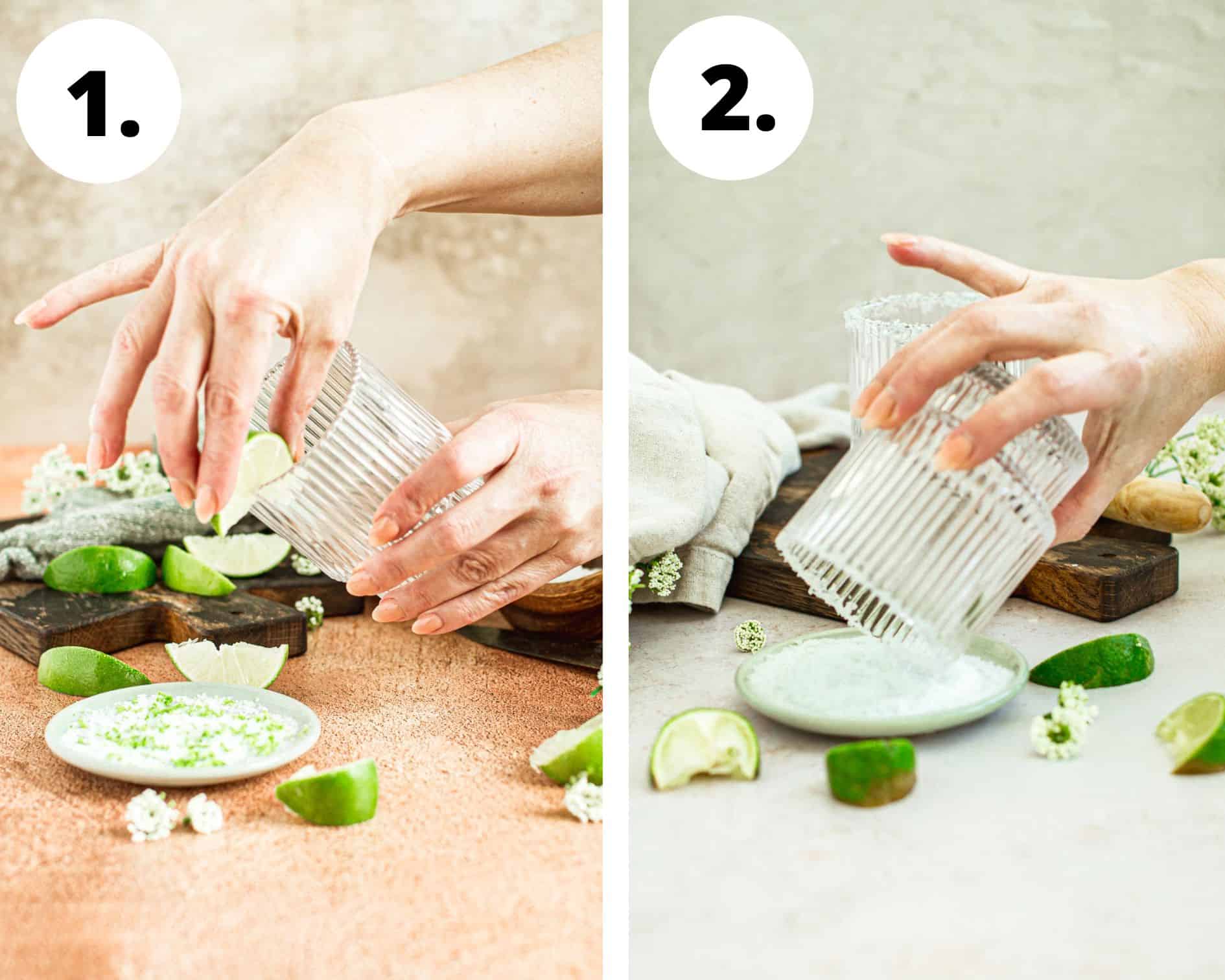 Process steps 1 and 2 for making a pink margarita.