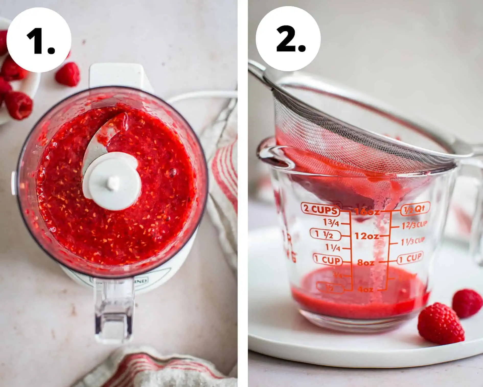 Process steps 1 and 2 for making a raspberry bellini.