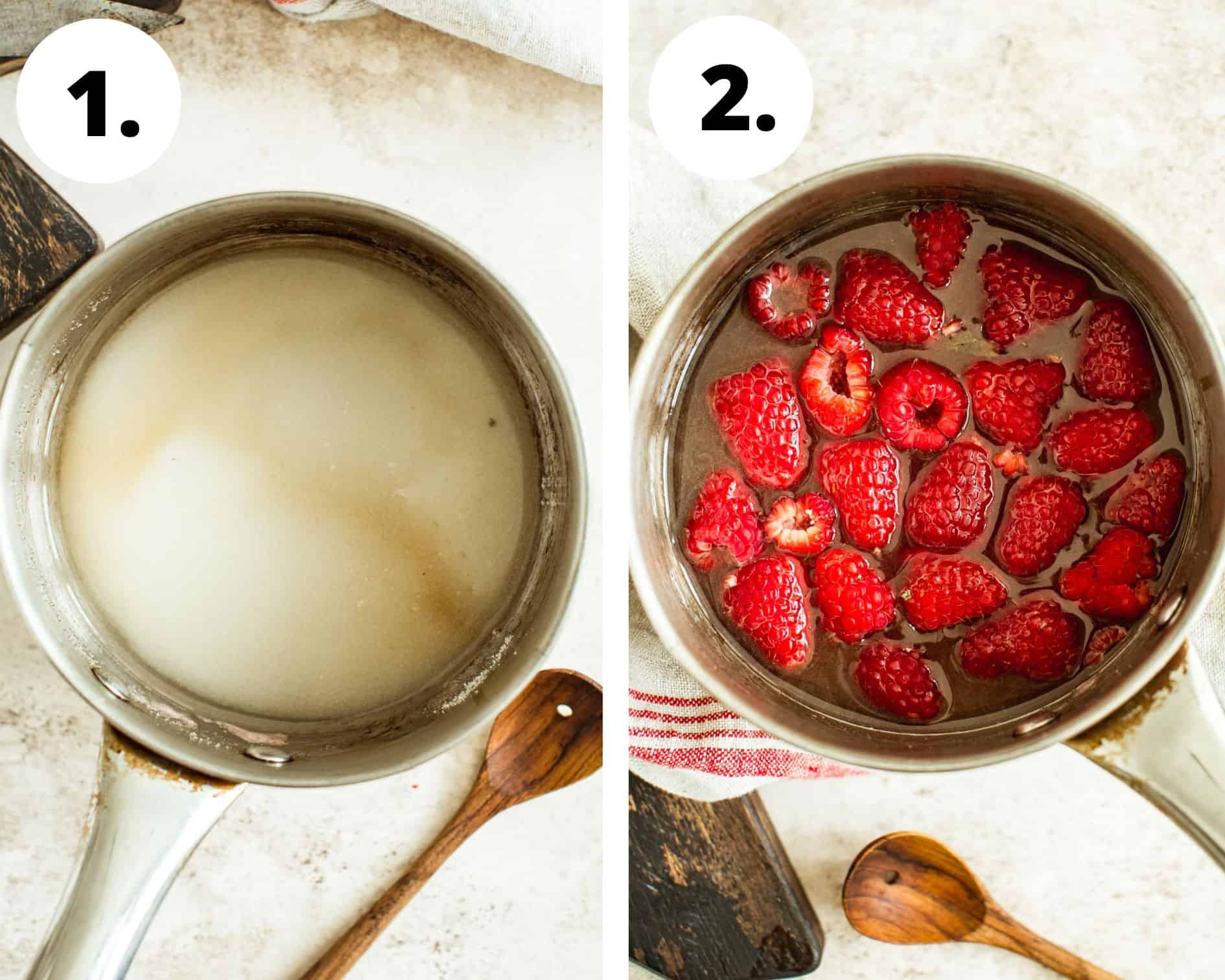 Process steps 1 and 2 for making raspberry simple syrup.