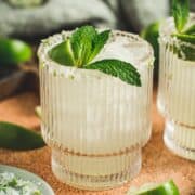 Rum margarita in a glass with a mint leaf.