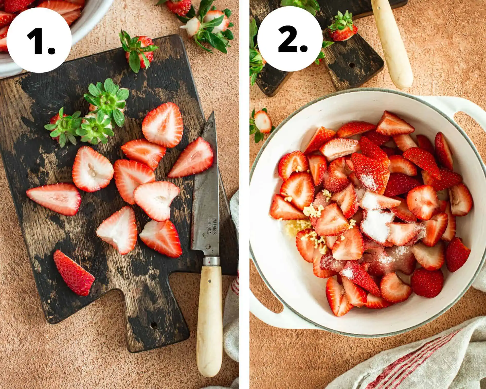 Process step 1 and 2 for making strawberry compote.