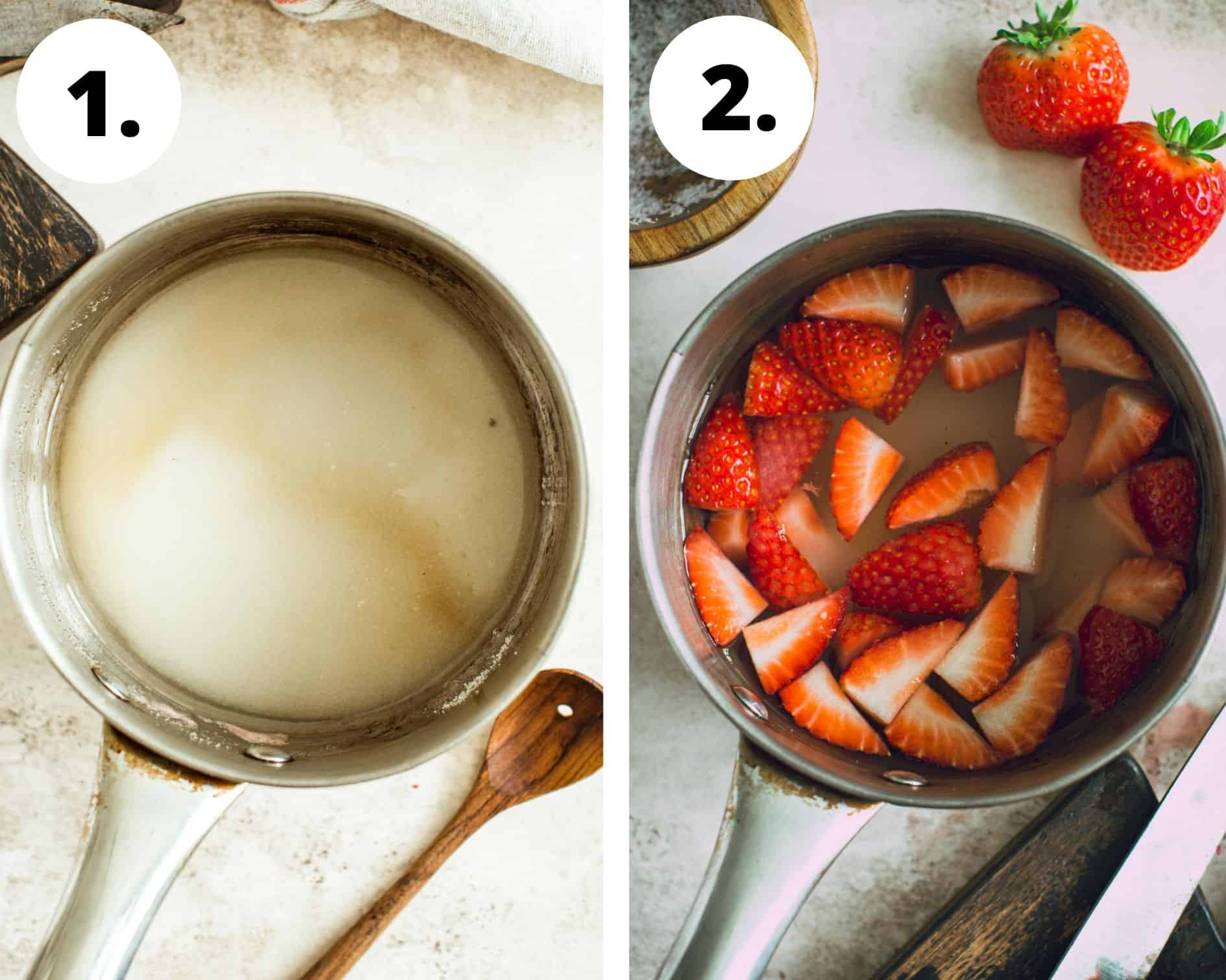 Process steps 1 and 2 for making strawberry syrup.