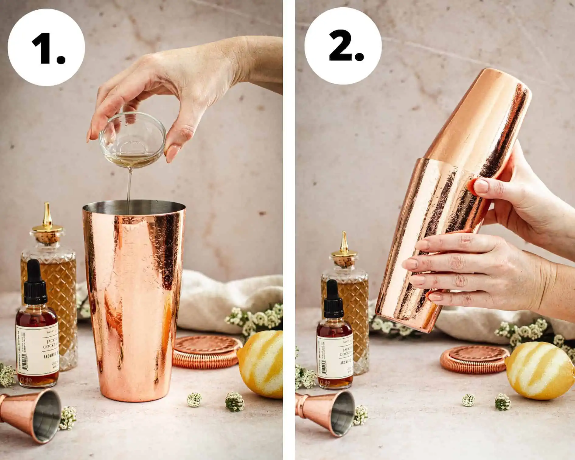 Process steps 1 and 2 for making an Aperol sour.