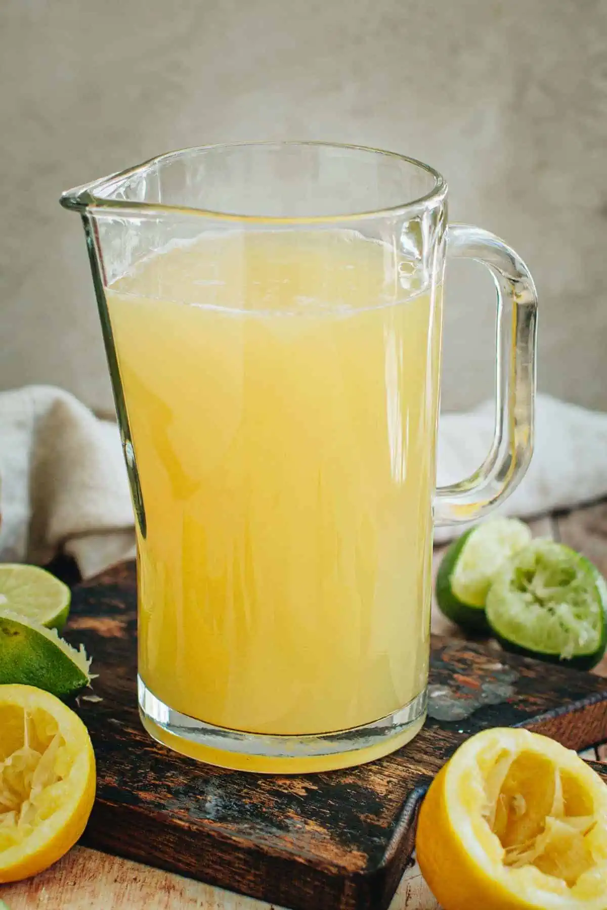 Homemade sweet and sour mix in a pitcher.